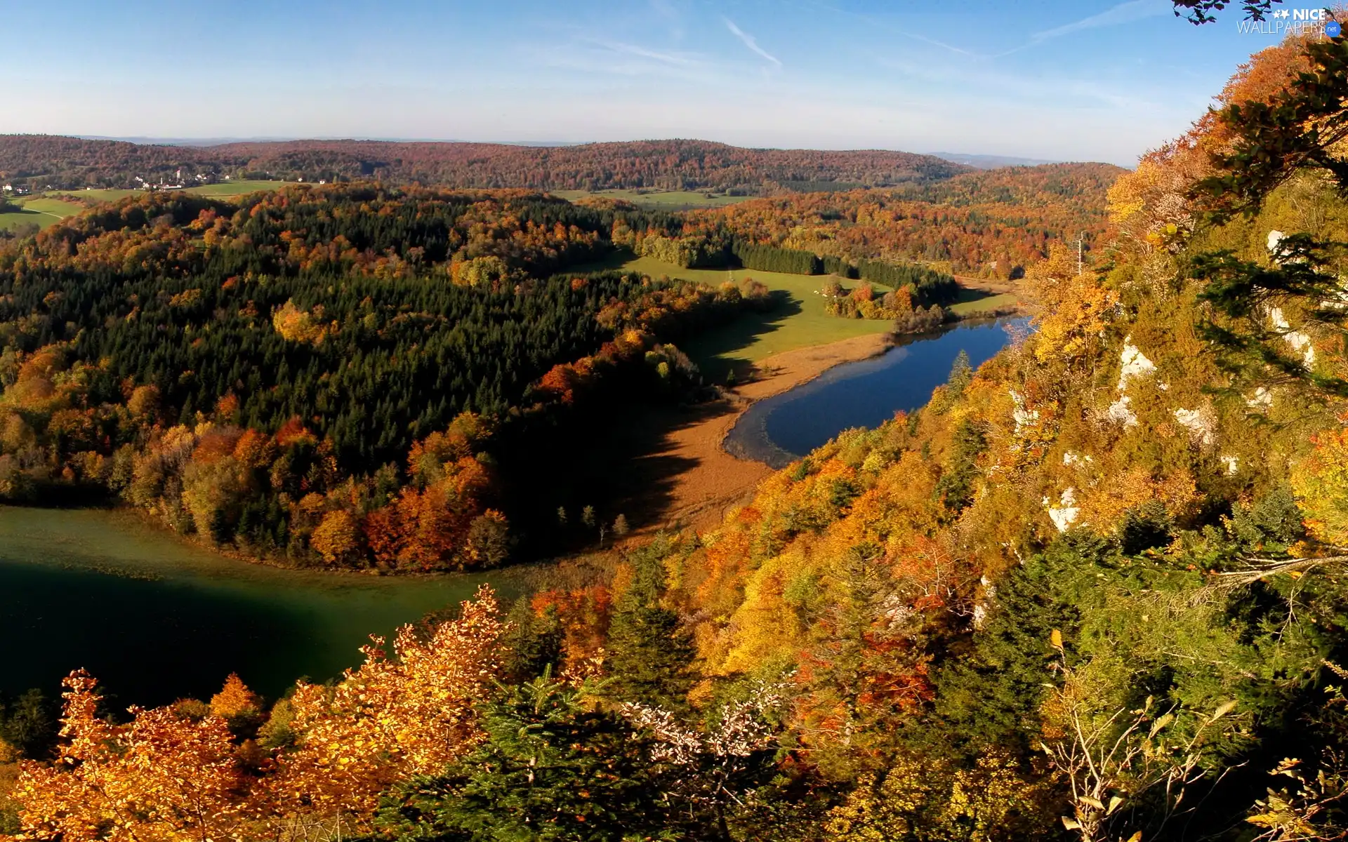 Mountains, River, autumn, woods