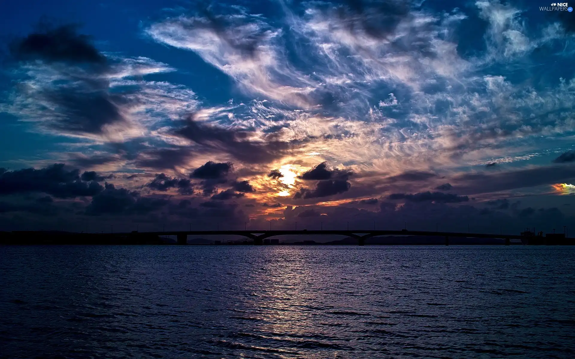 bridge, sea, sun, clouds, west