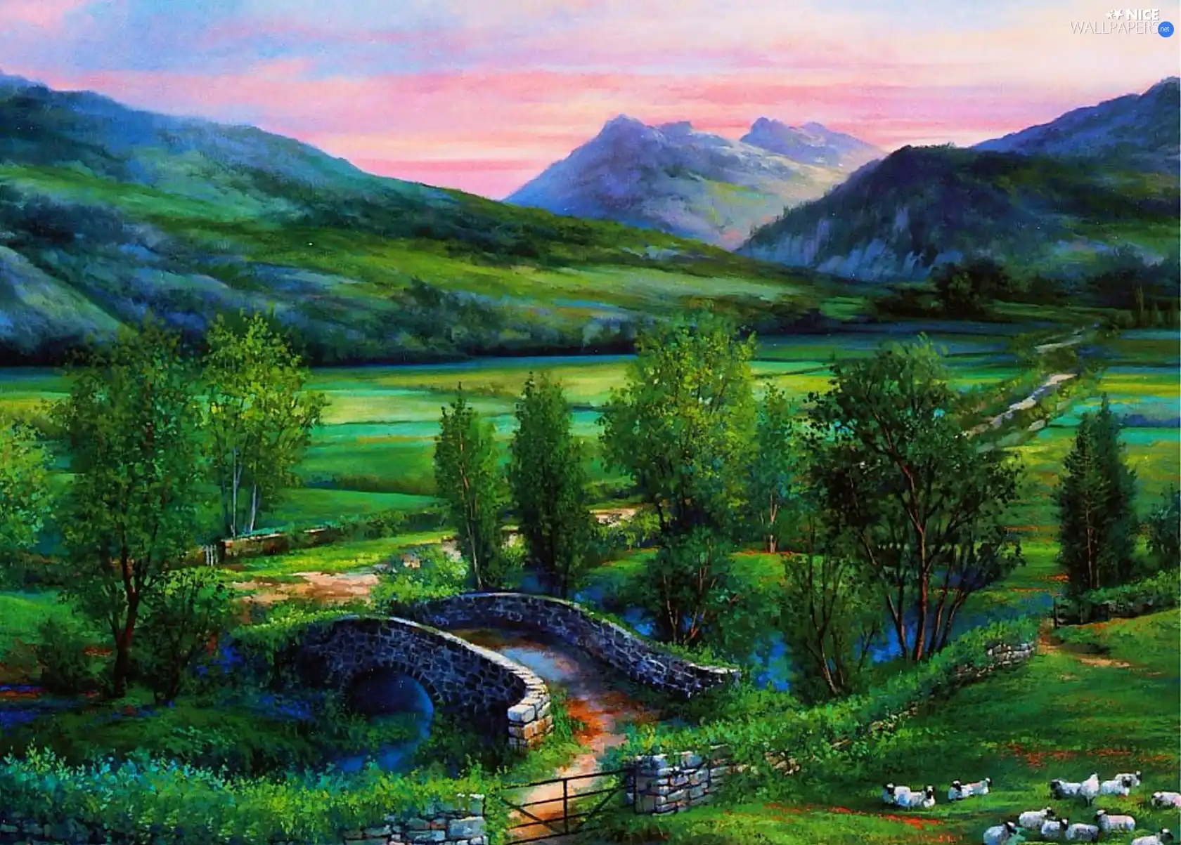 Meadow, Way, bridges, Mountains