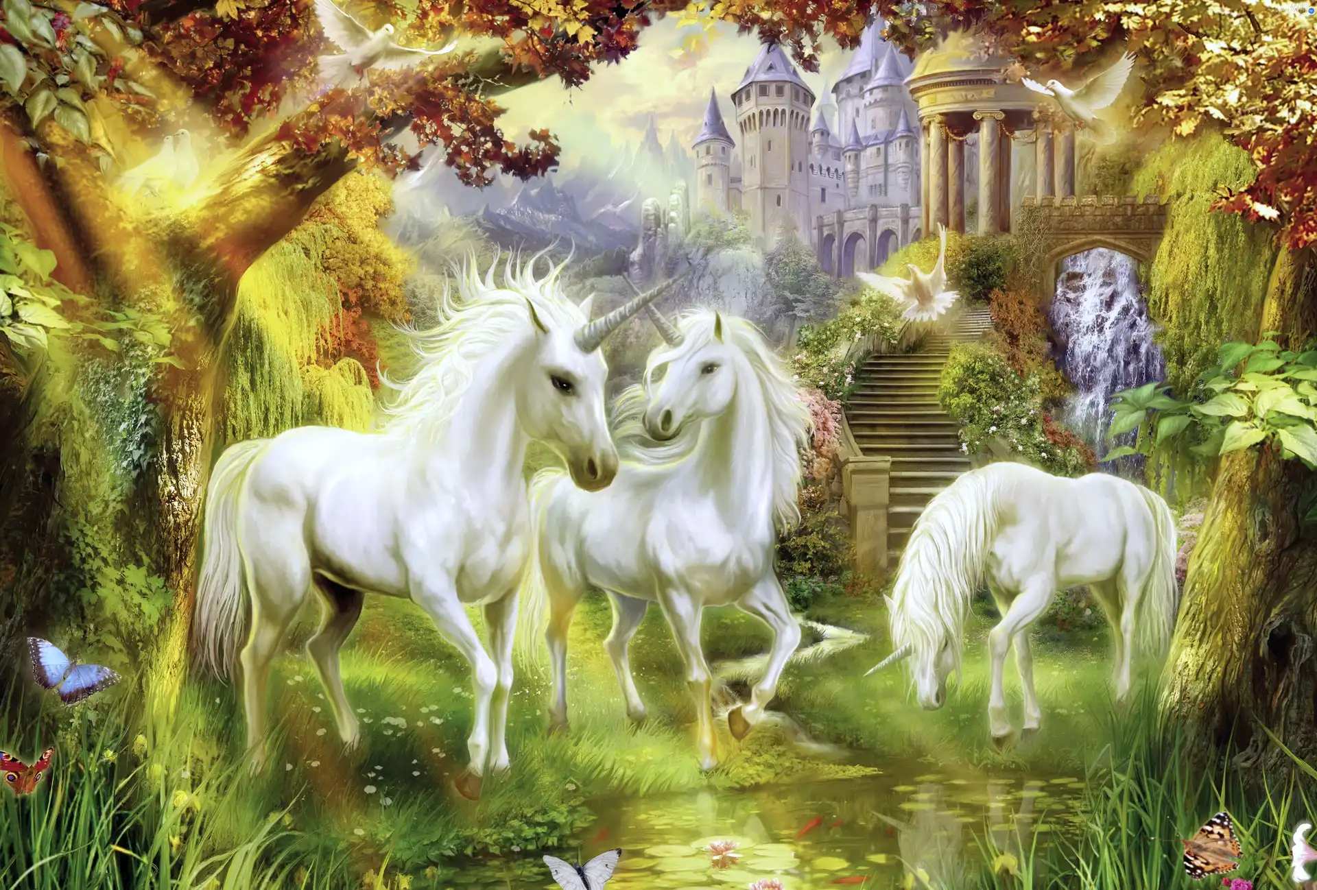 Castle, unicorns, forest