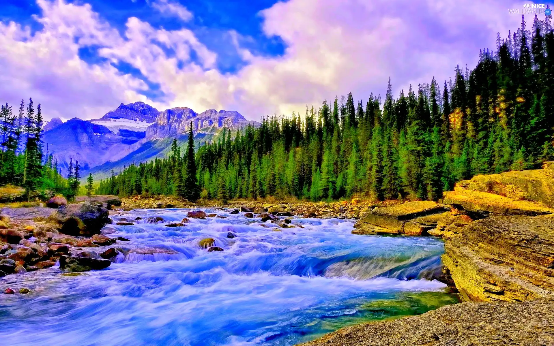 Mountains, River, Christmas, clouds