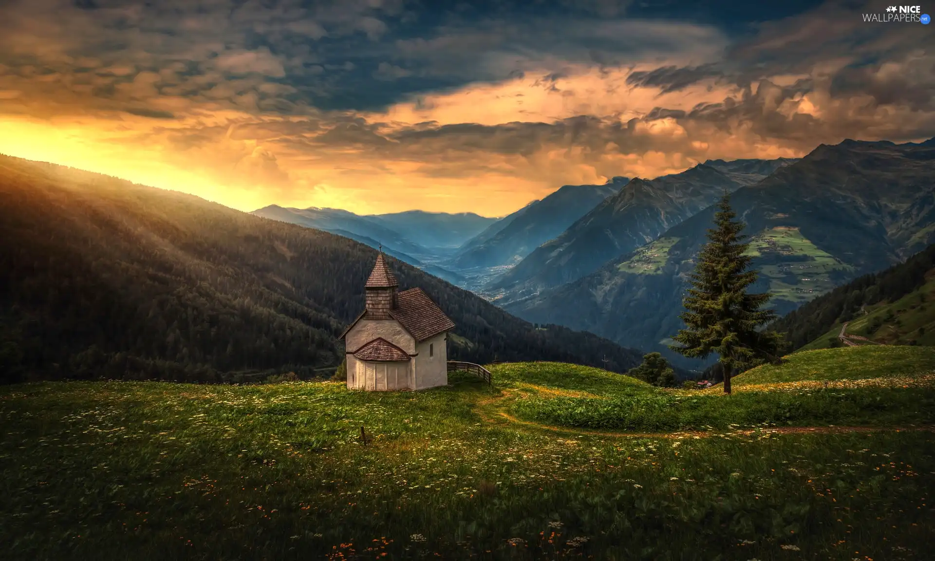 Field, west, church, Mountains, minikin, sun