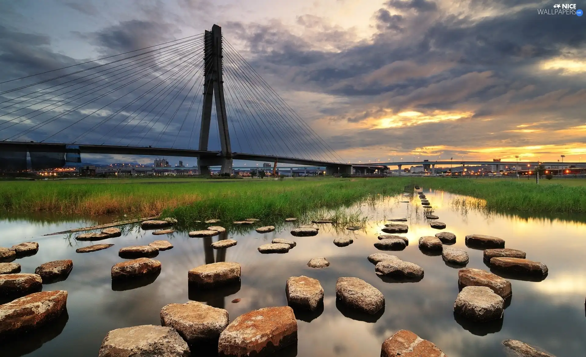 bridge, Stones, clouds, water