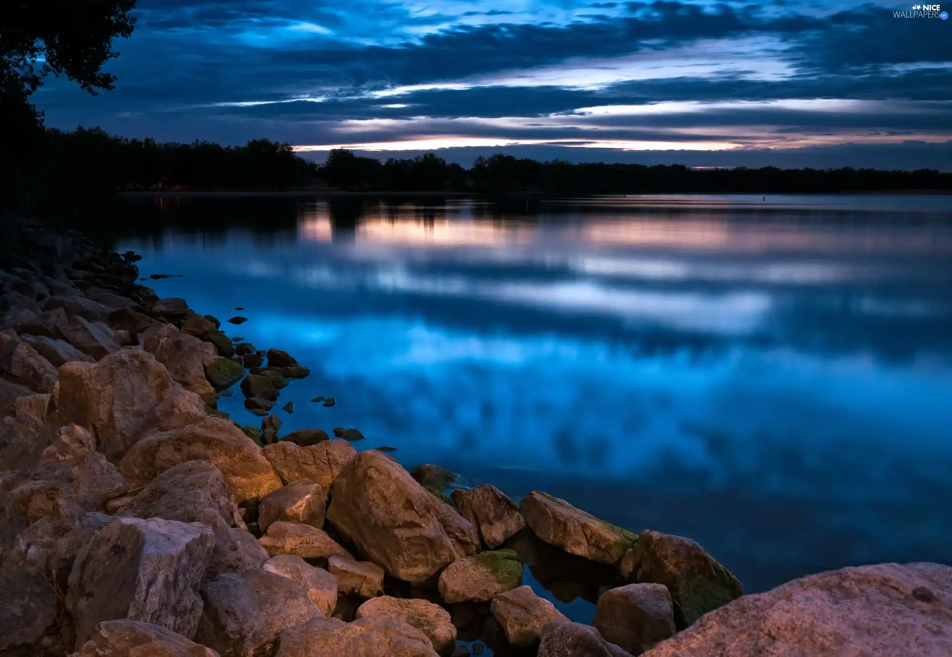 coast, Stones, clouds, lake