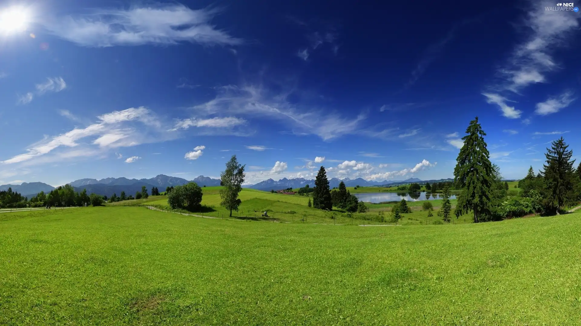 medows, River, clouds, Mountains