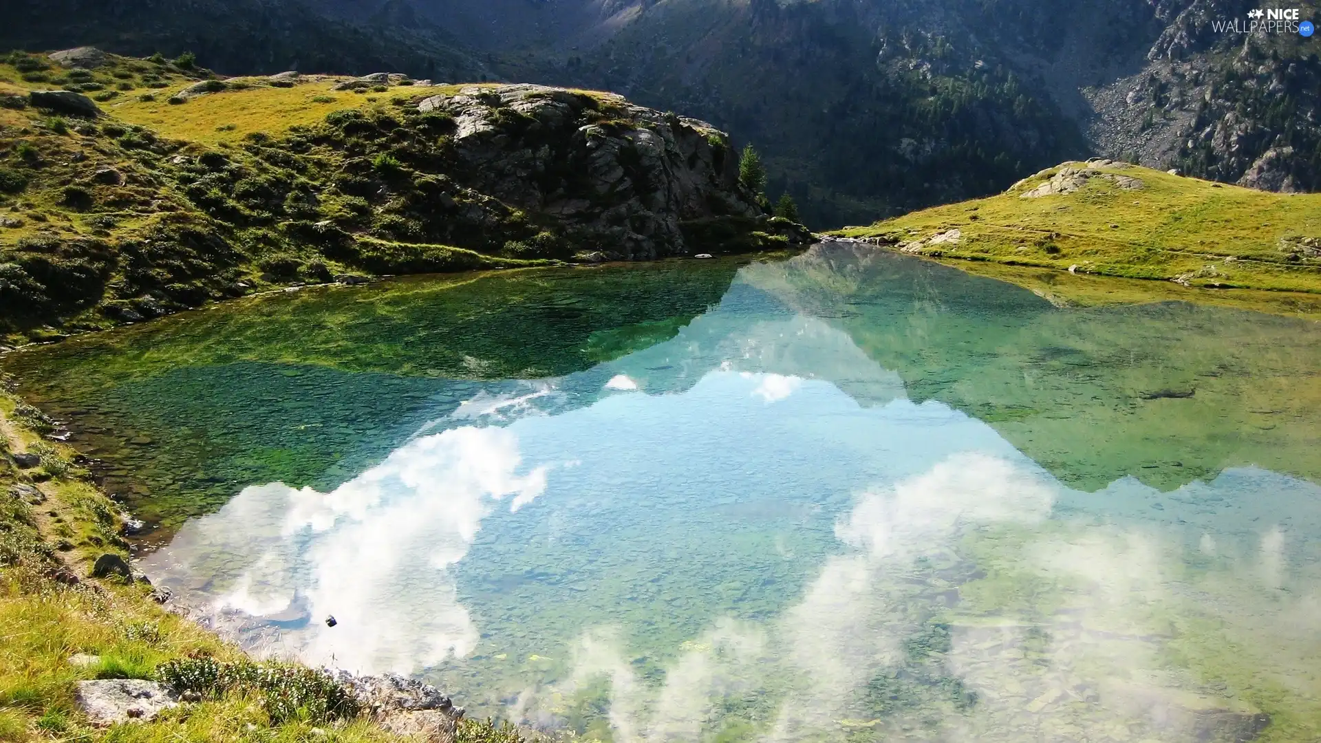 Mountains, reflection, clouds, lake