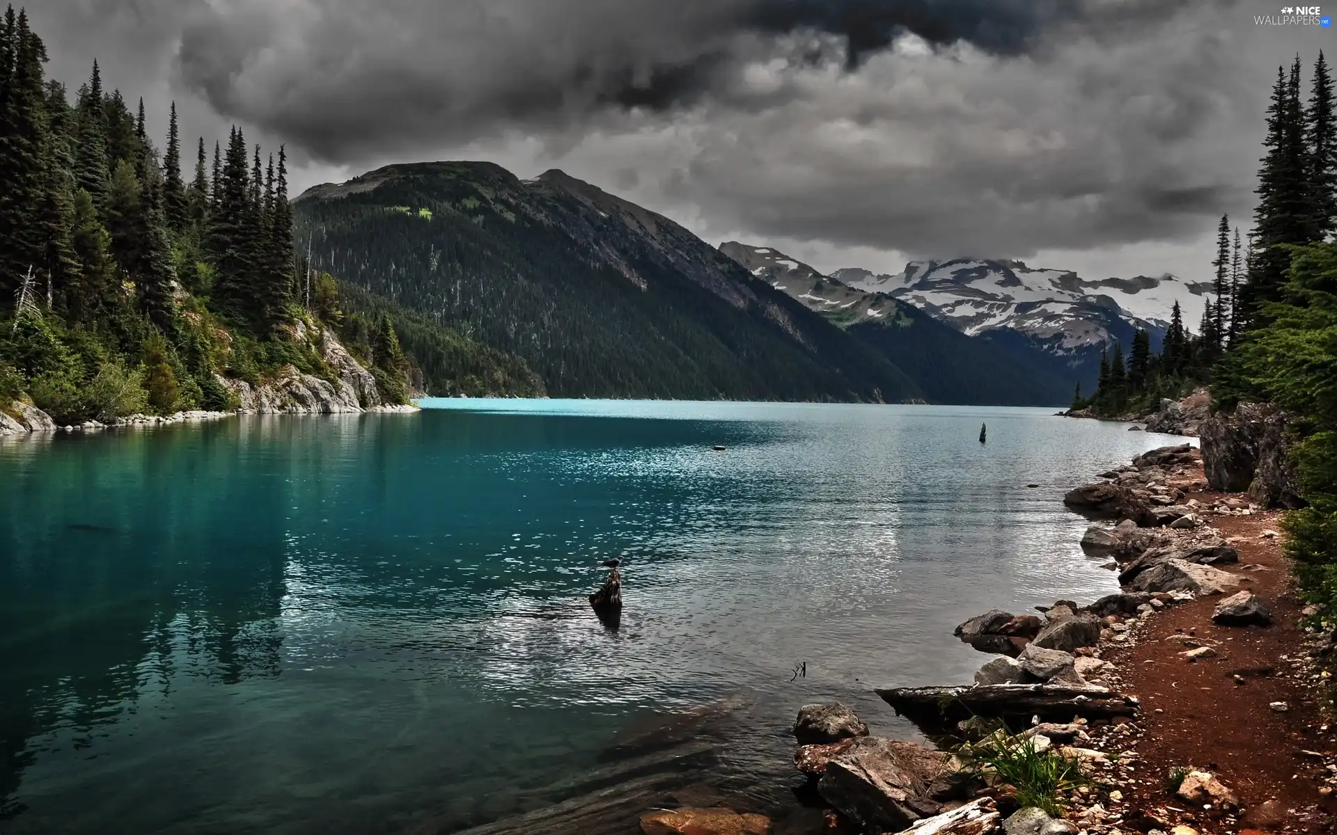 River, forest, clouds, Mountains