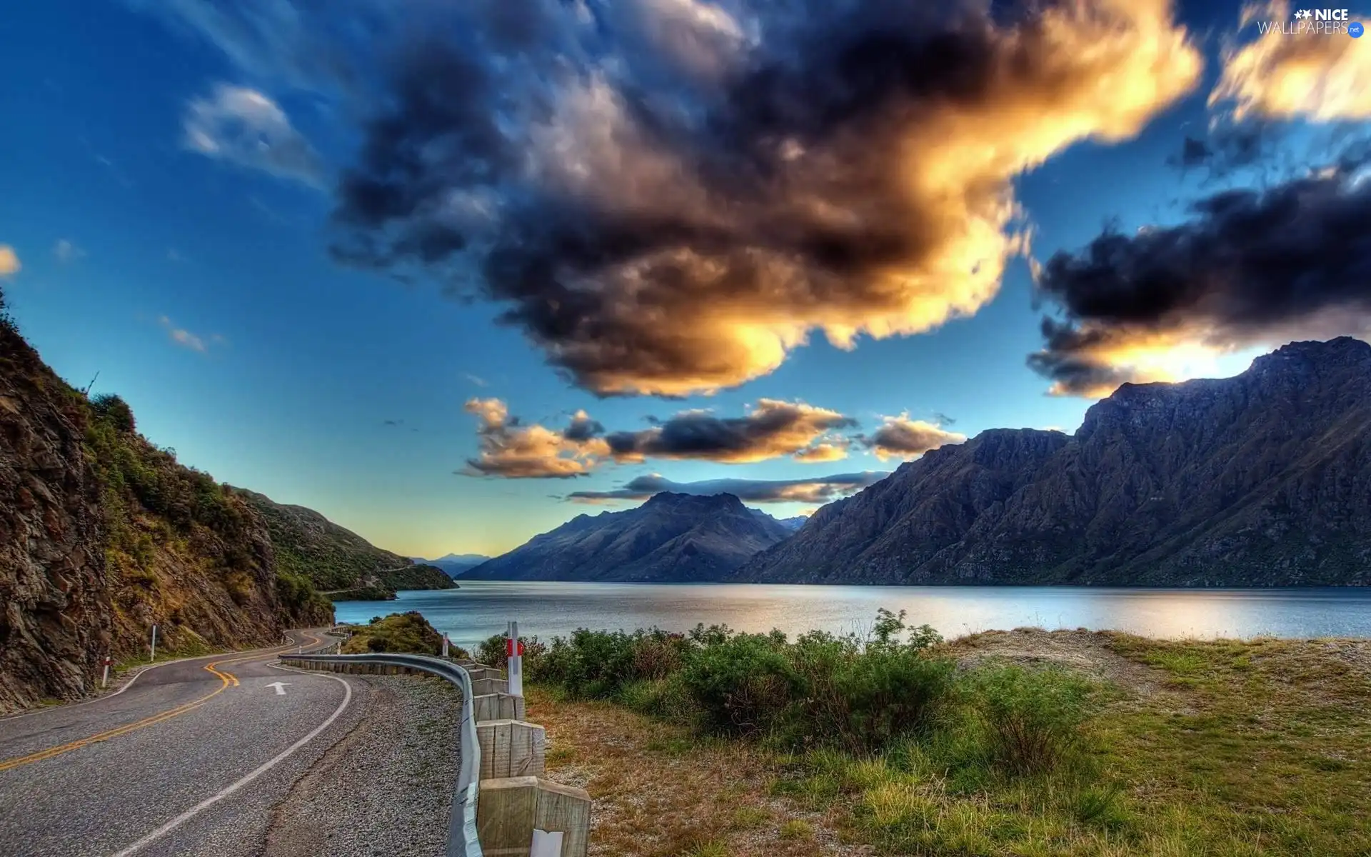 River, Way, clouds, Mountains