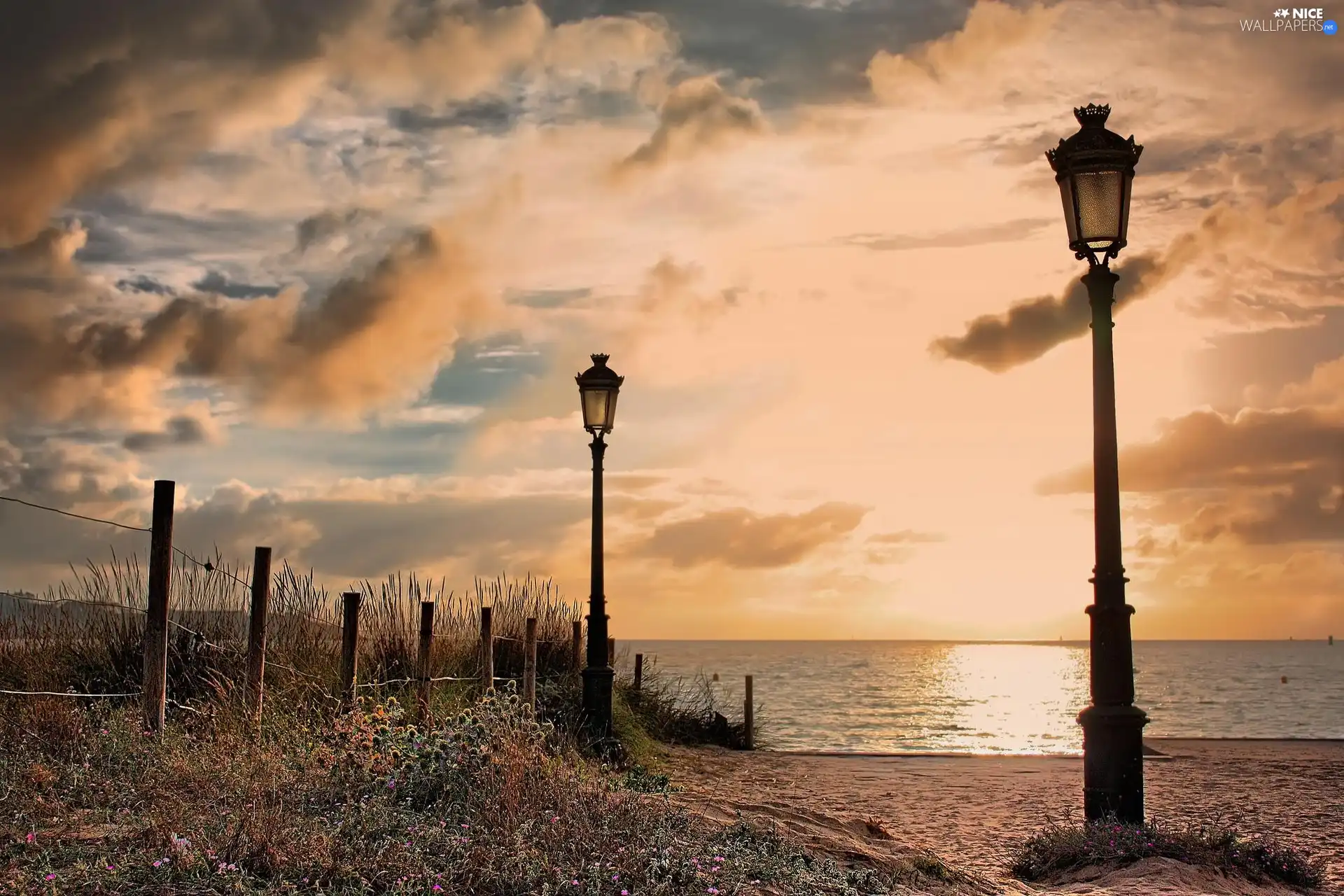 sea, lanterns, clouds, Beaches