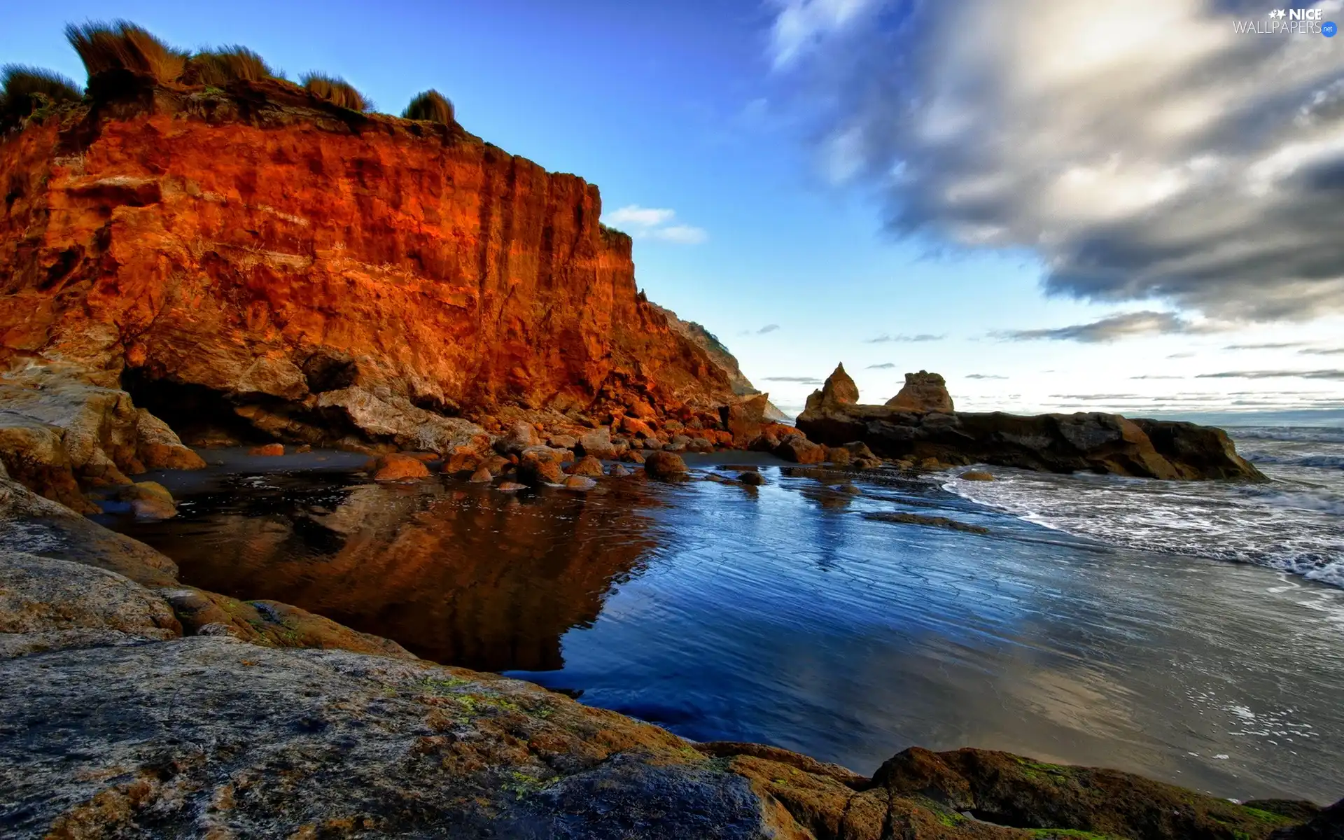 clouds, rocks, sea