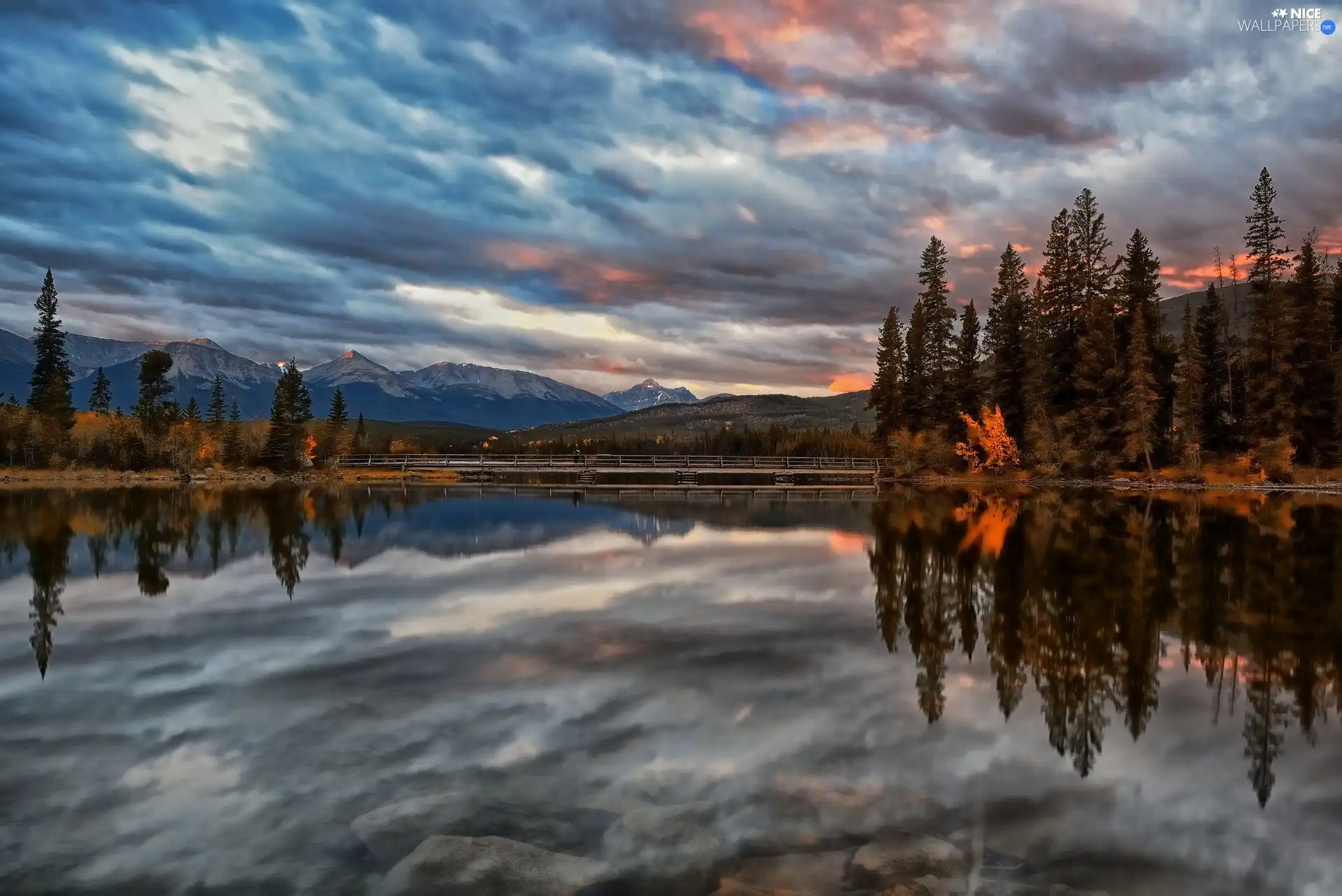 viewes, lake, Clouds, Sky, Mountains, trees