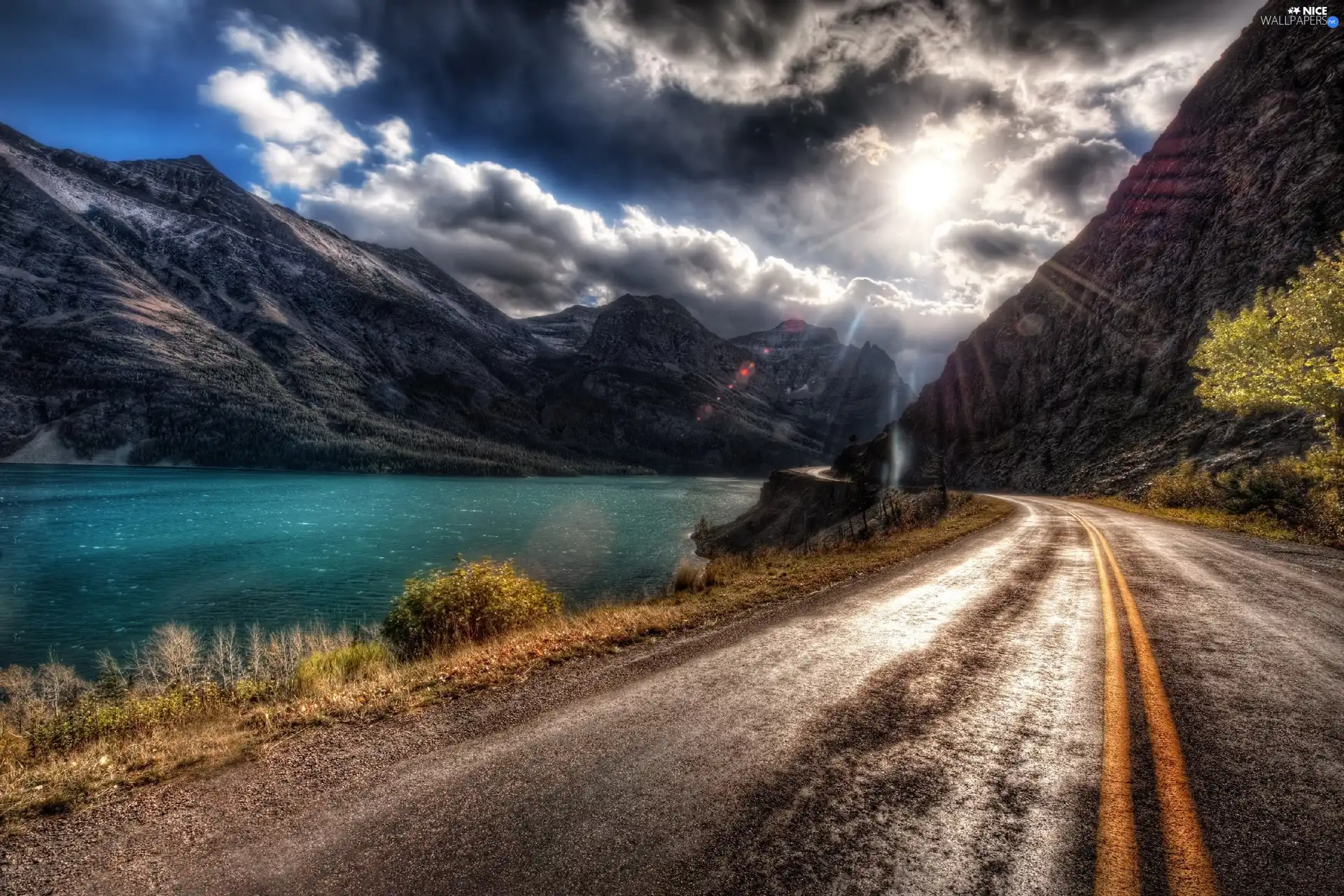 Clouds, Sky, lake, Mountains, Way