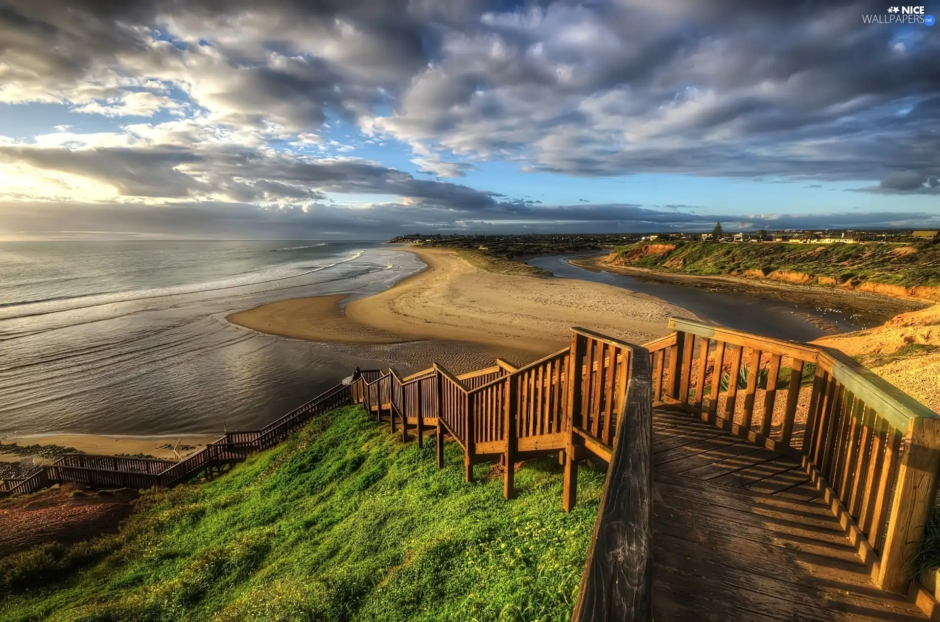 clouds, sea, Stairs