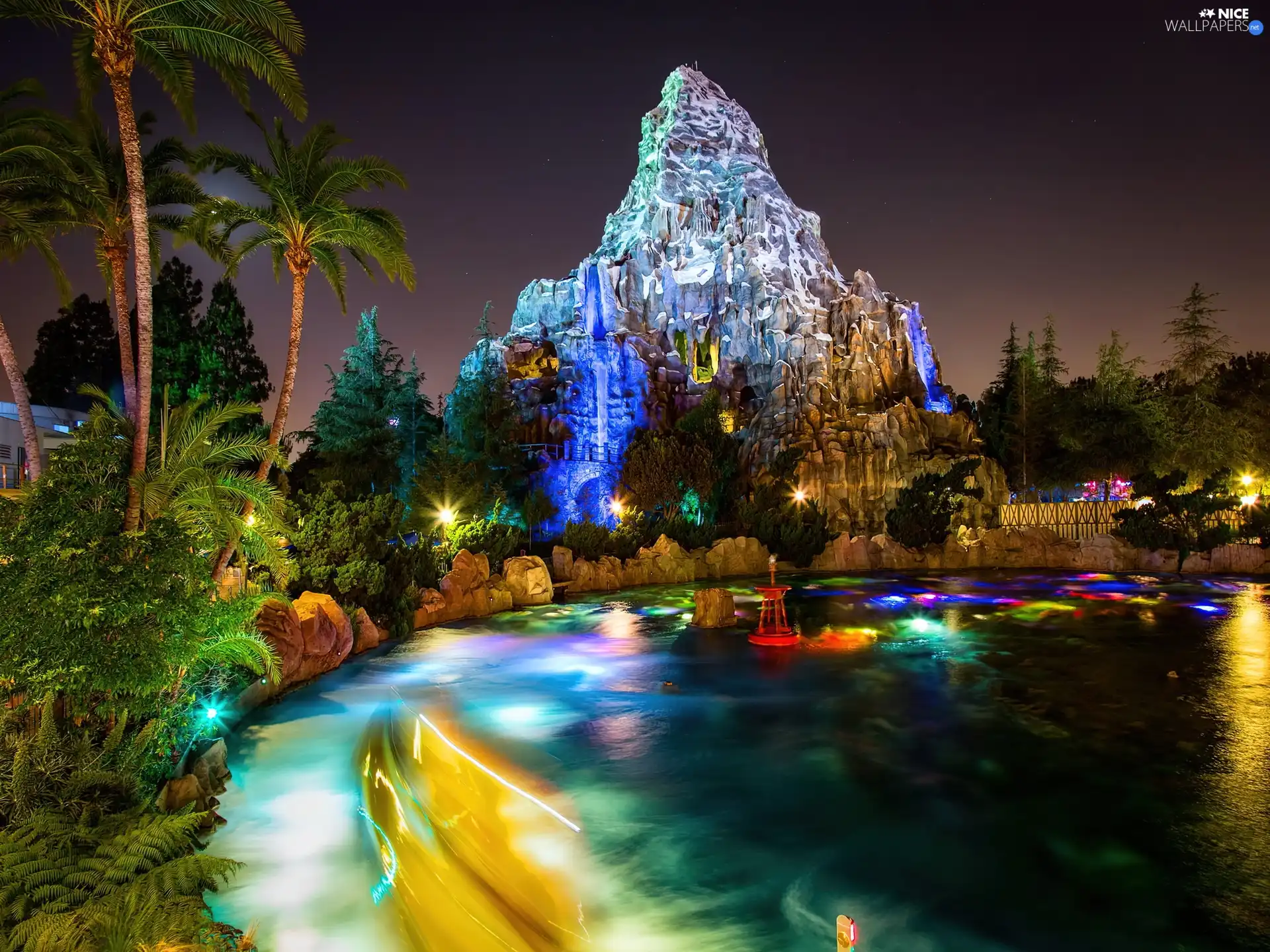 Coloured, water, Rocks, Palms, illuminated