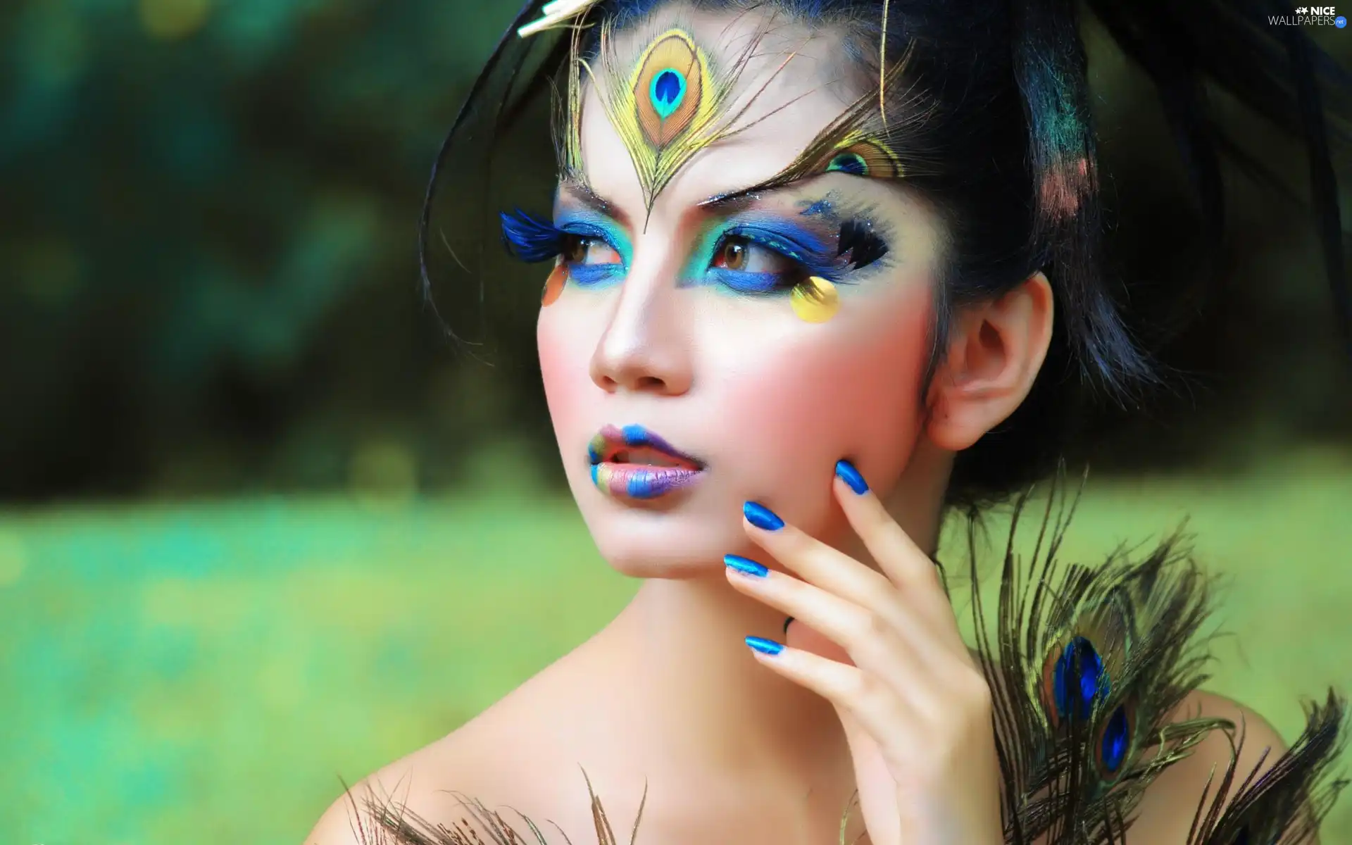 model, peacocks, Eyes, make-up