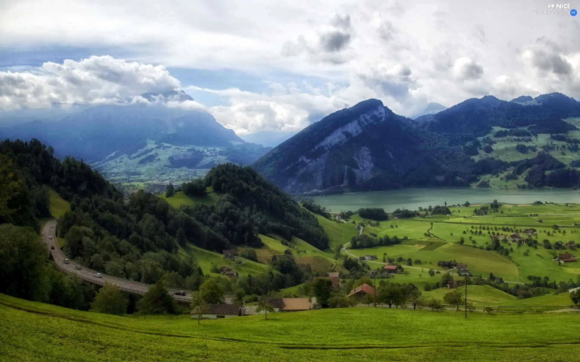 field, clouds, River, Way, Mountains