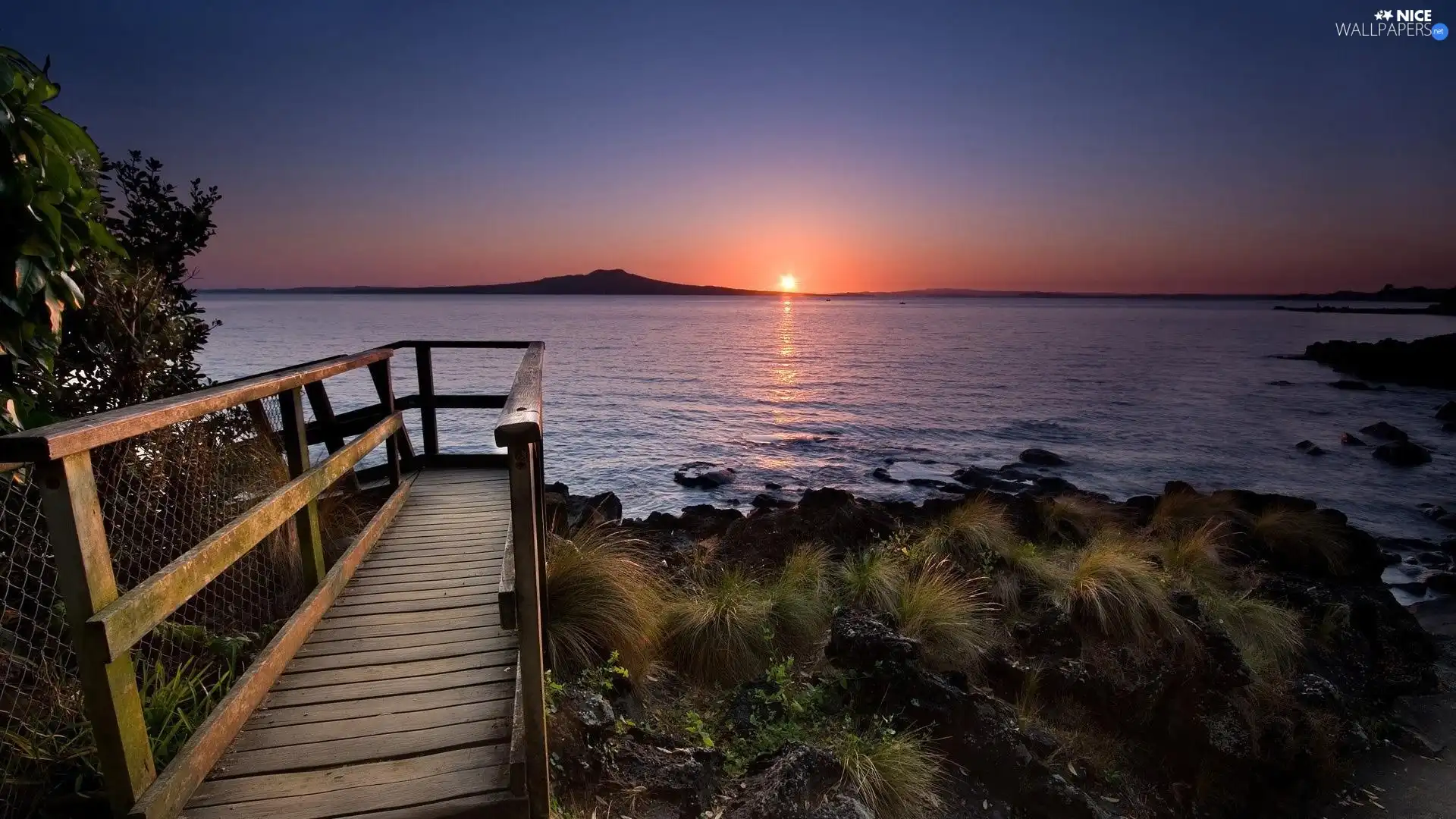 west, lake, footbridge, sun