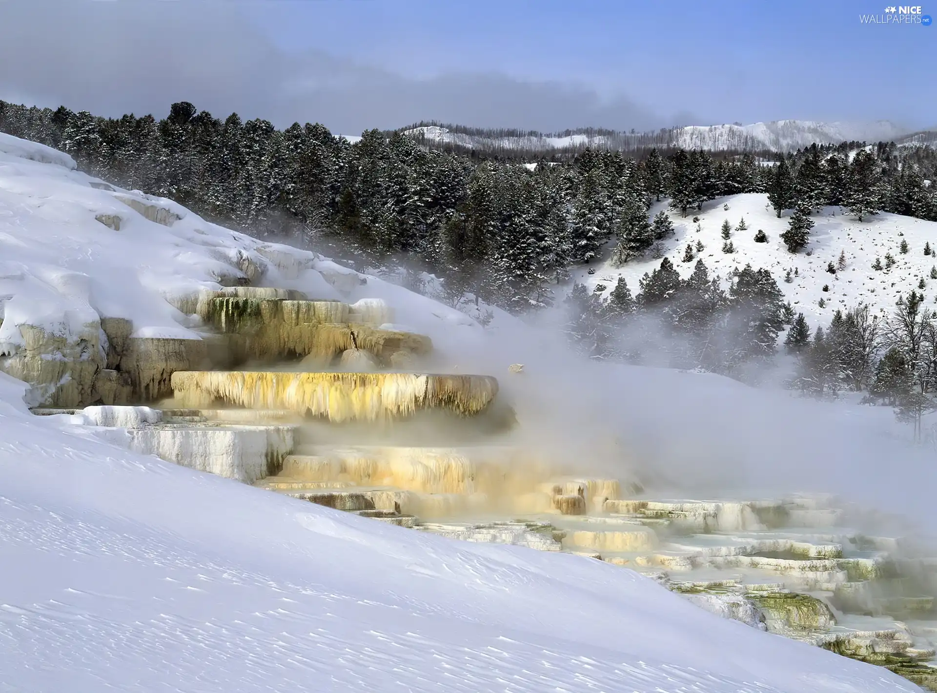 cascade, hills, water, winter, Frozen, brook