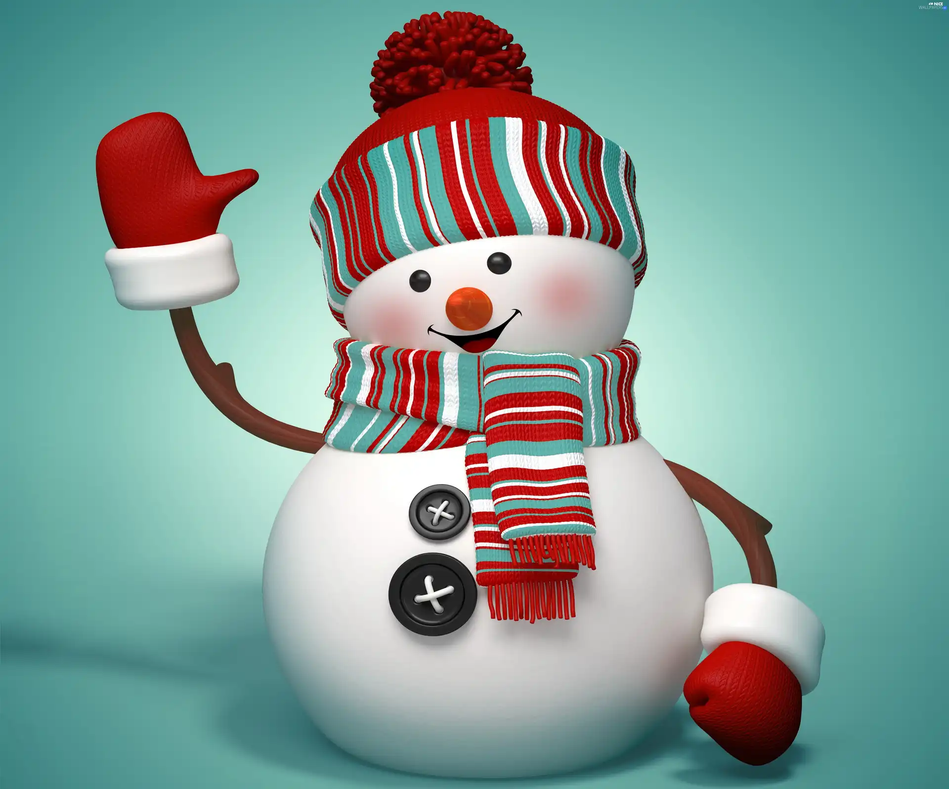 Snowman, shawl, glove, Hat