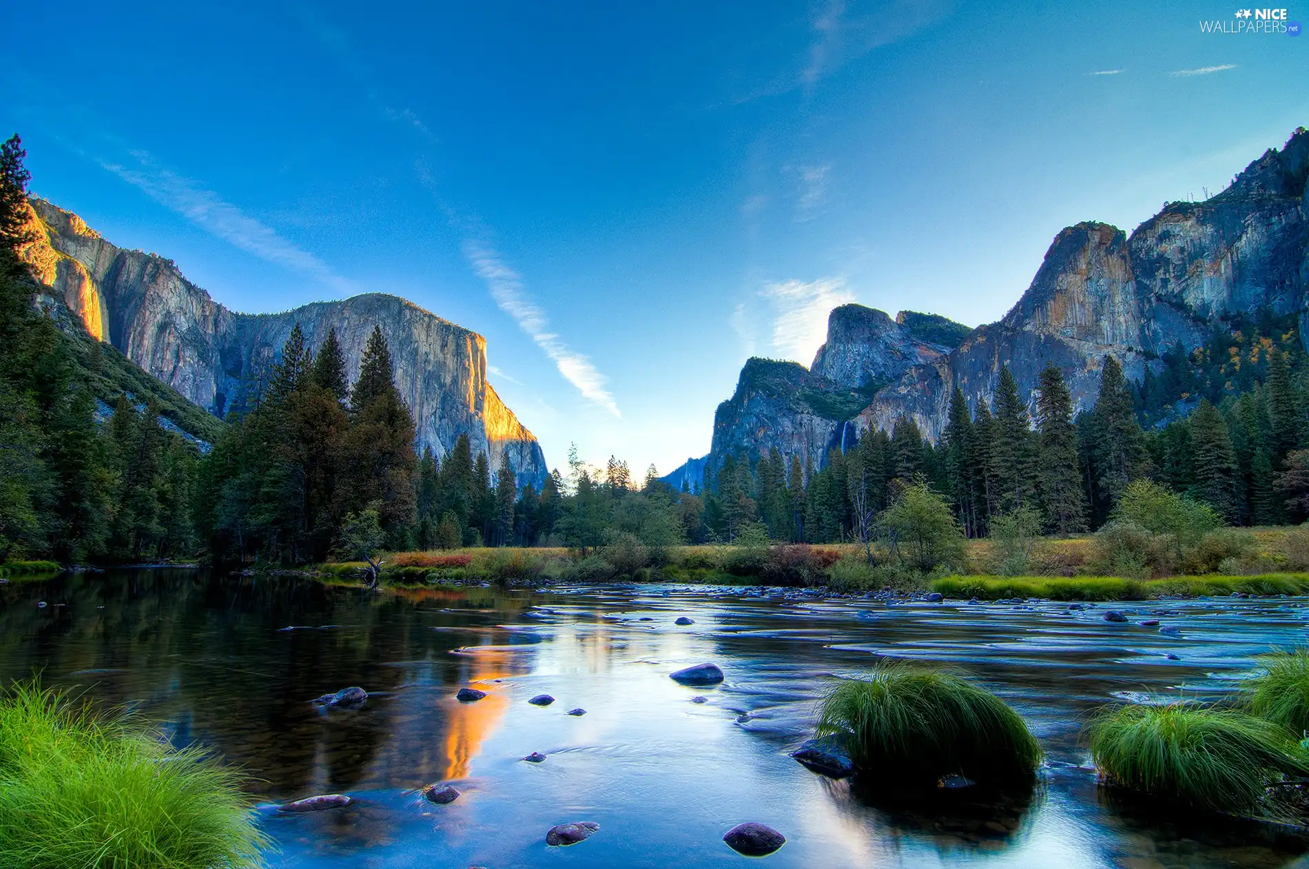 Mountains, River, grass, woods