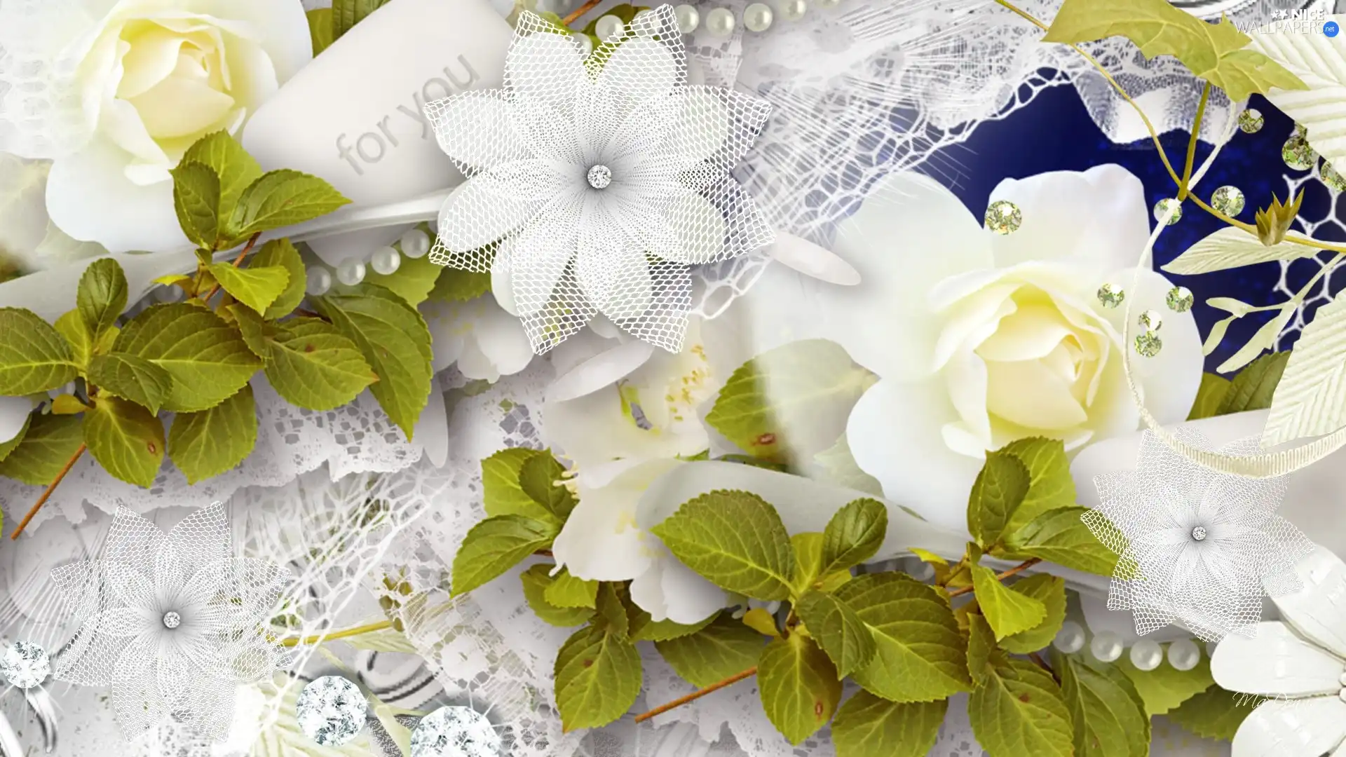 green ones, White, lace, decoration, leaves, roses