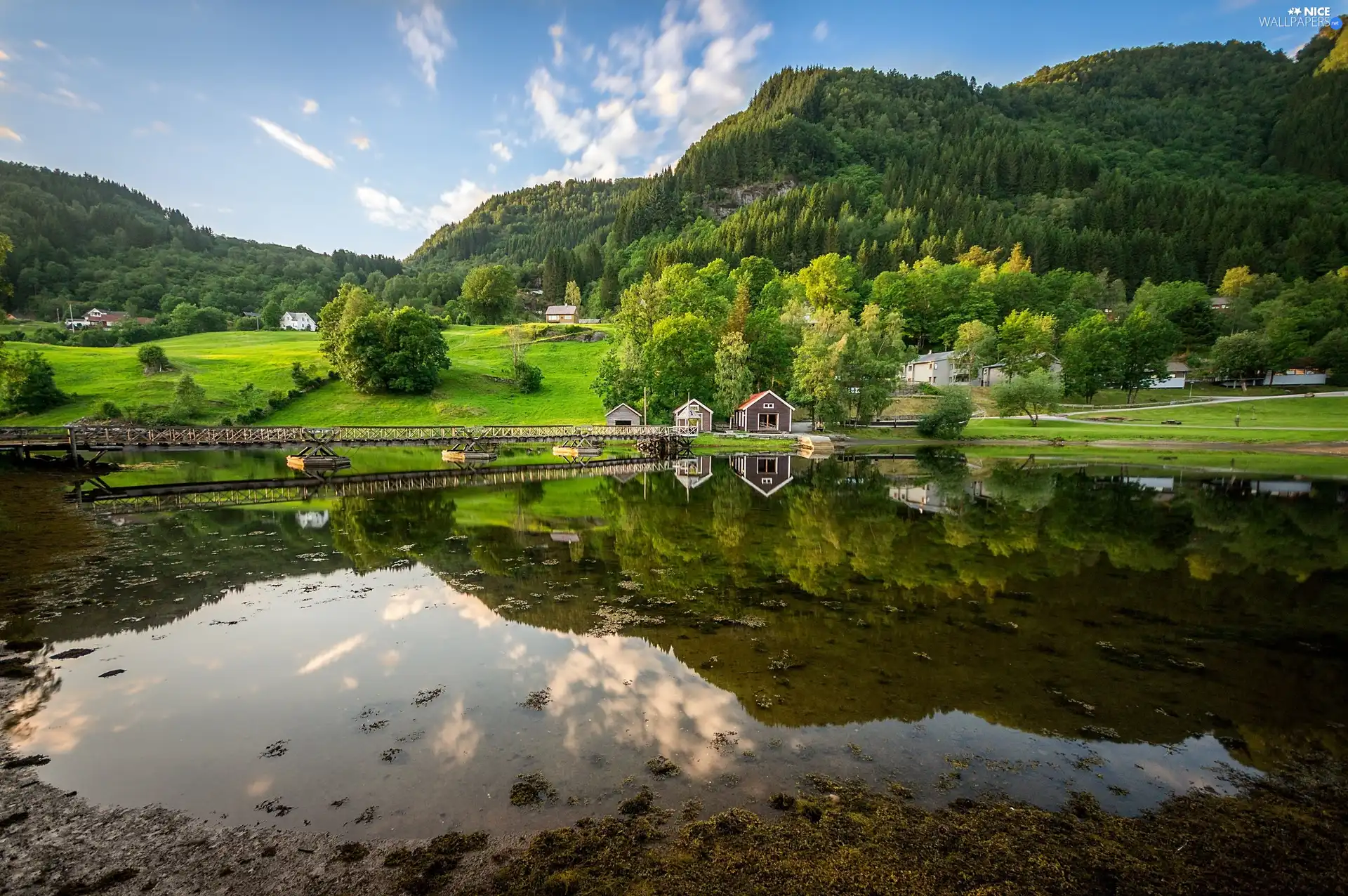 Mountains, lake, house, woods