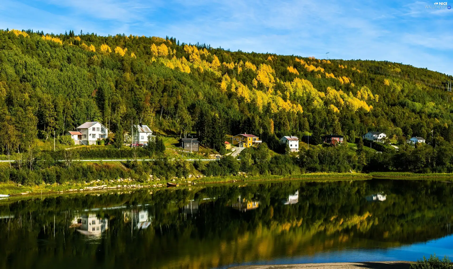 Houses, autumn, Mountains, woods, River