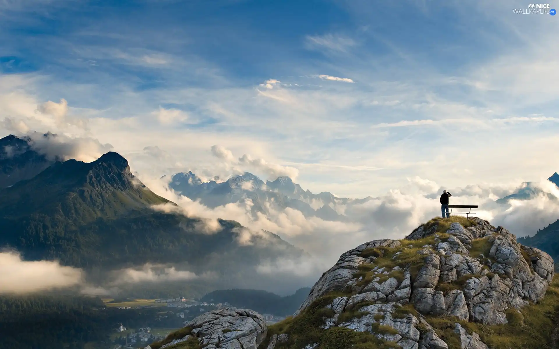 Mountains, Bench, Human, clouds