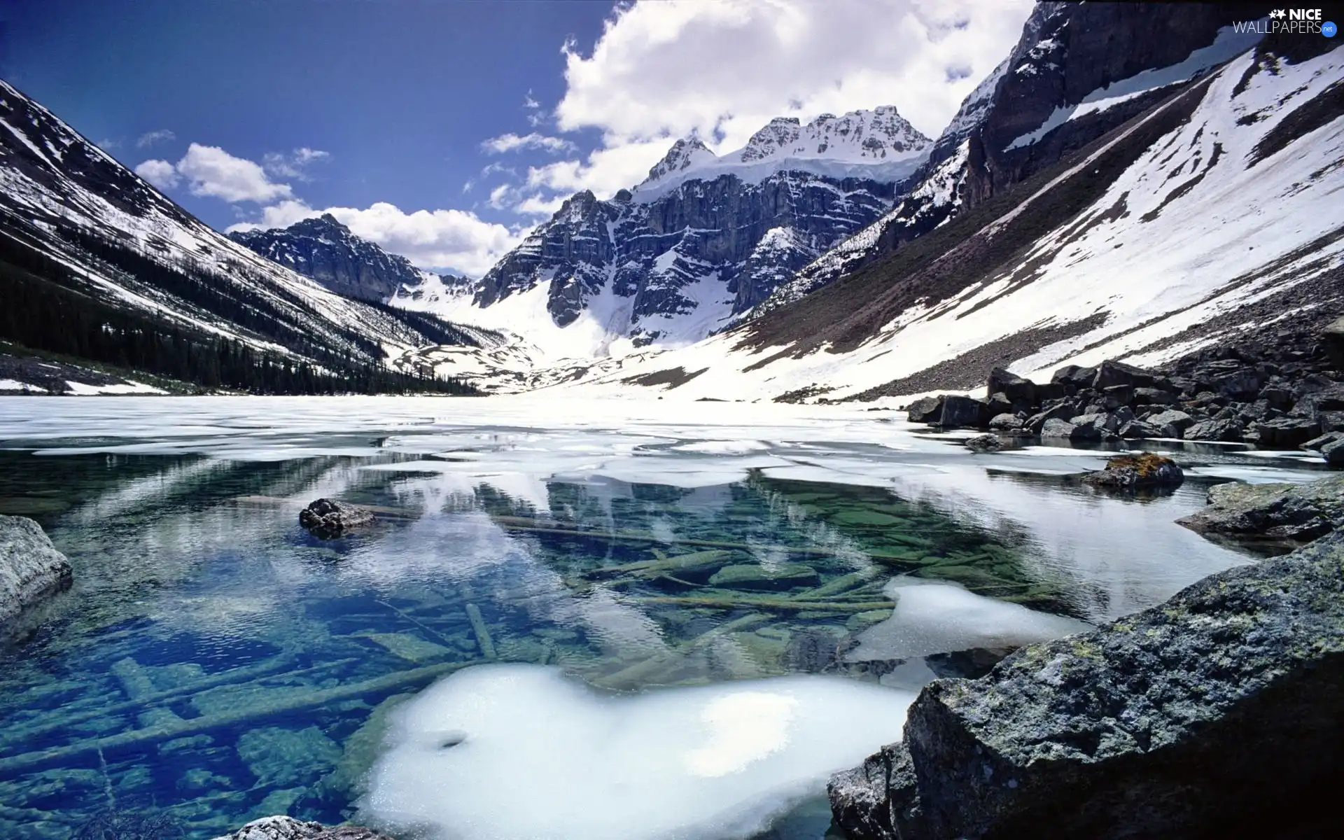 lake, Canada, Mountains, rocks, Snowy