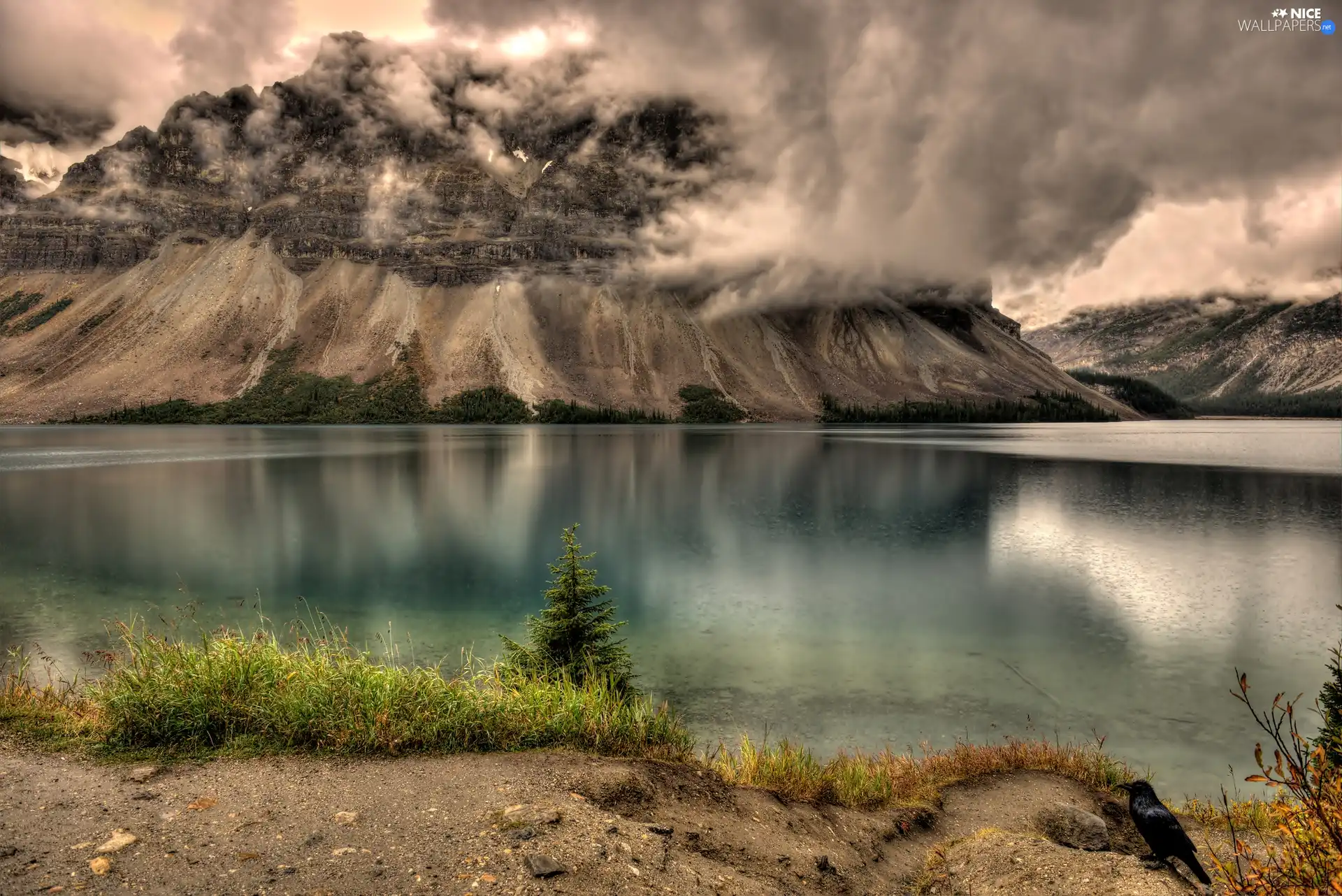 lake, rocks, Fog