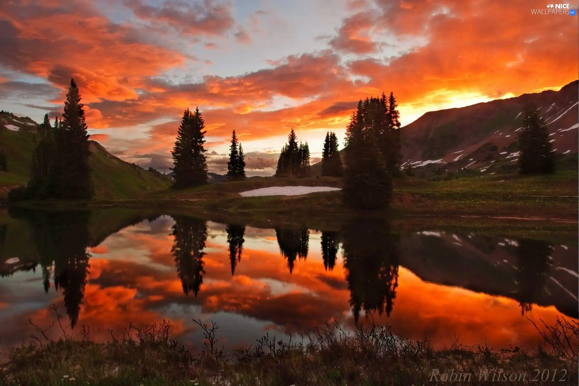 west, Mountains, lake, sun