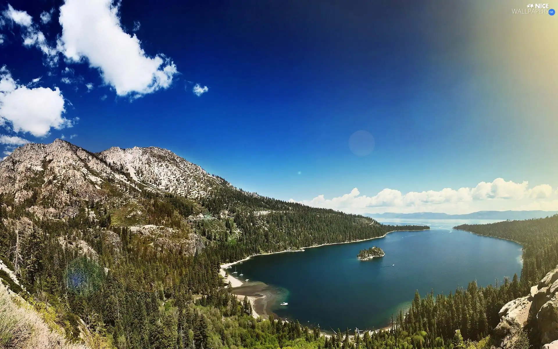 lake, Mountains, woods