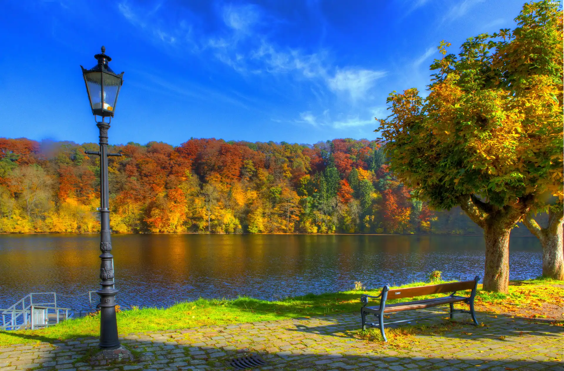 autumn, Bench, Lighthouse, River