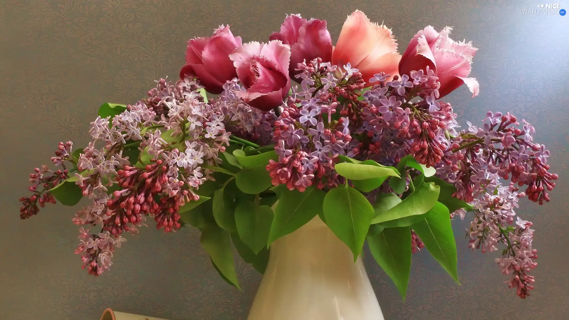 Lilacs, Vase, Tulips