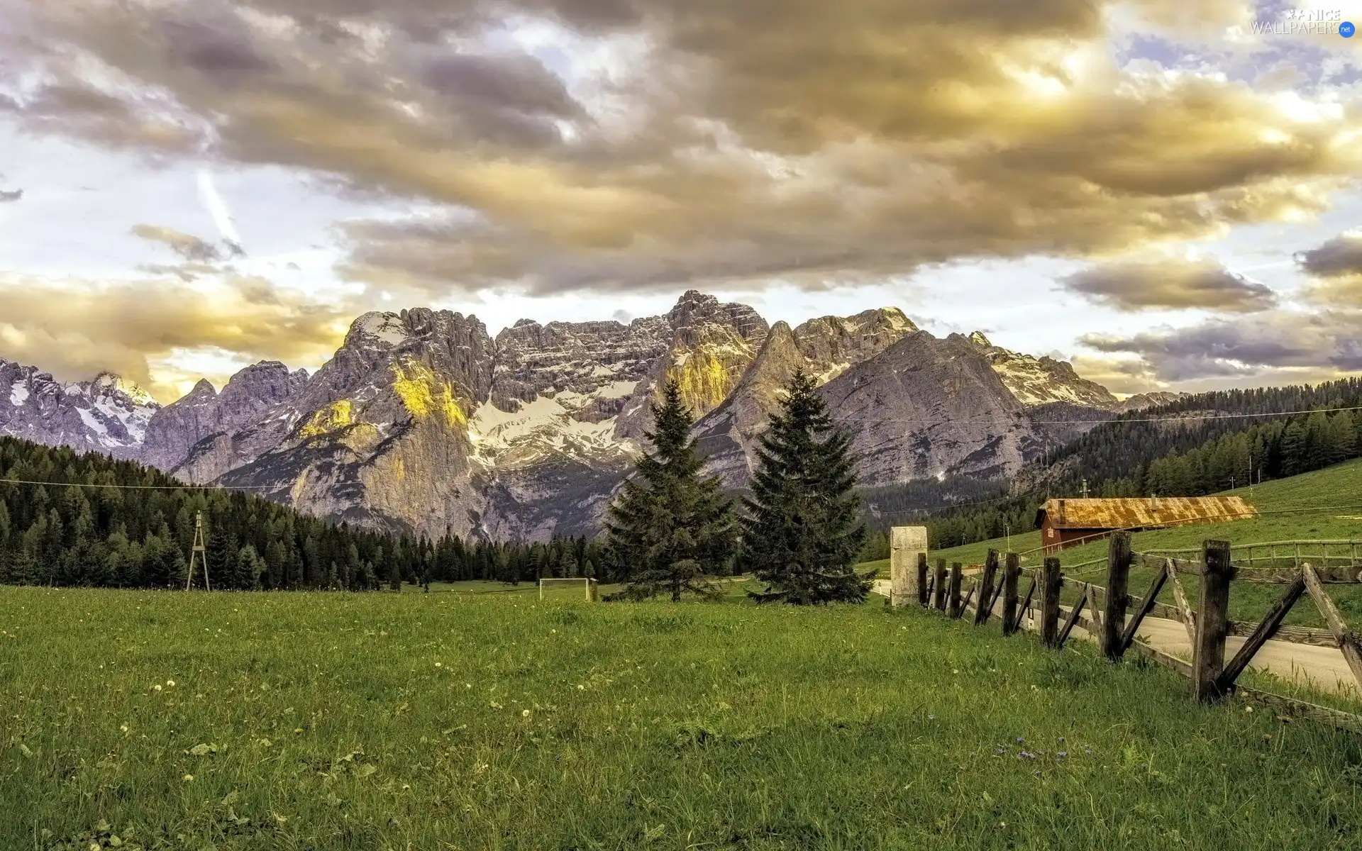 Mountains, clouds, Meadow, woods