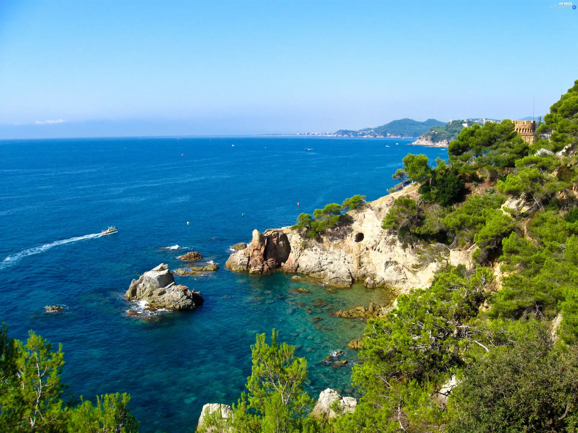 sea, green, Motor boat, Rocks