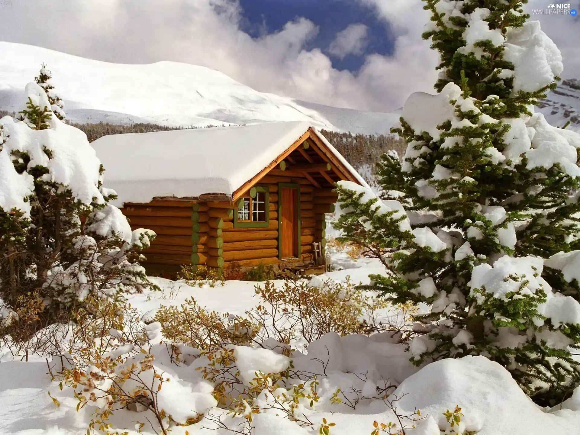 Mountains, winter, Cottage