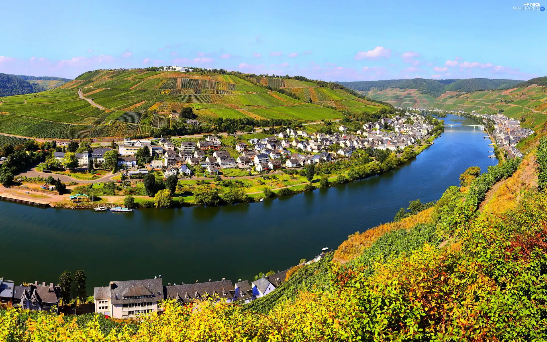 River, autumn, panorama, mountains