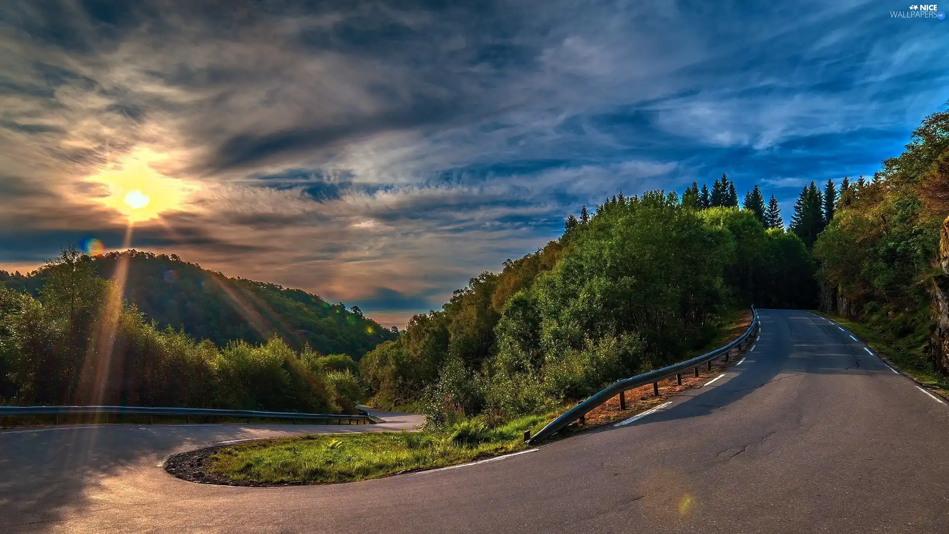 rays, sun, Mountain, Way, winding