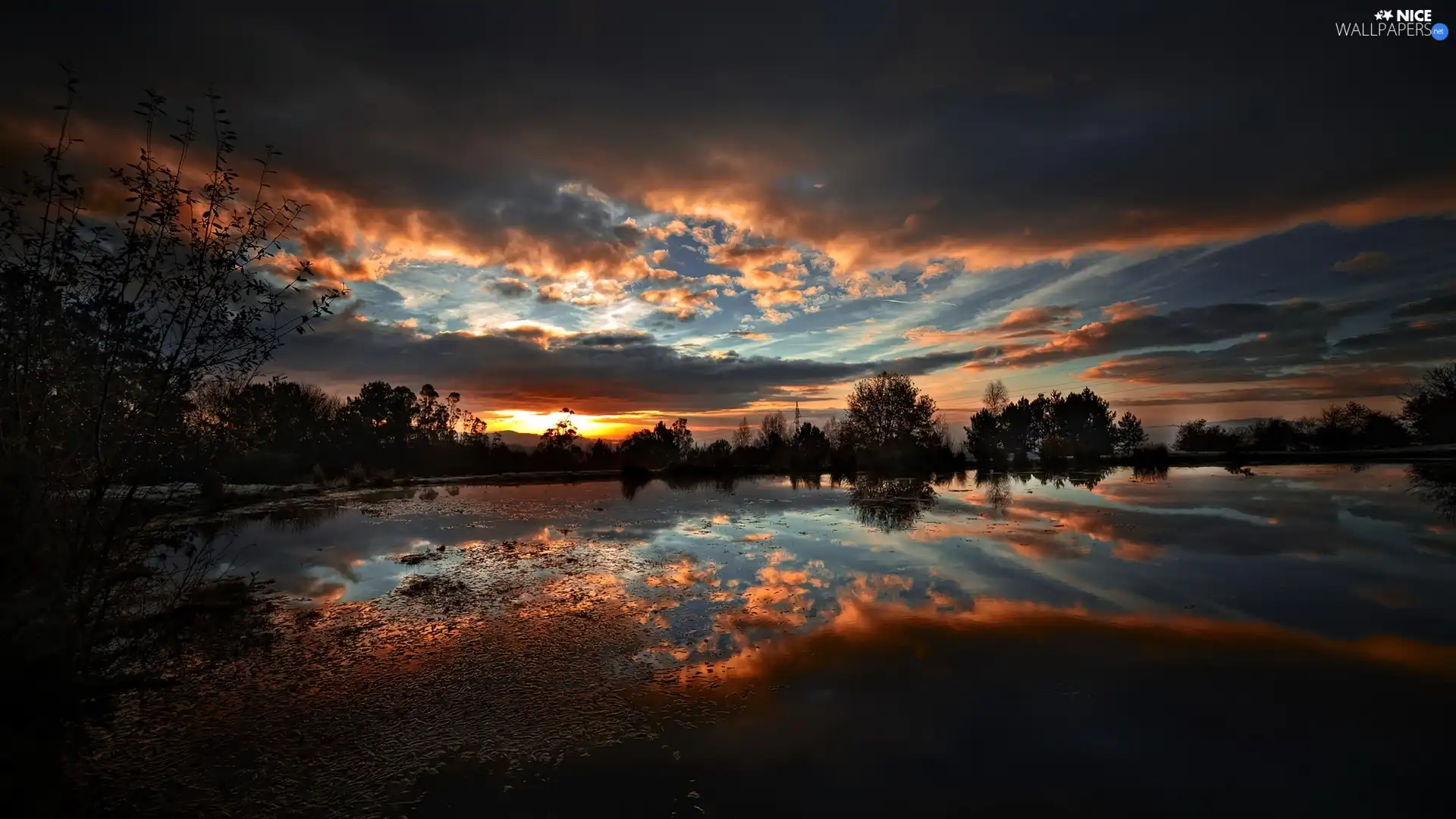 reflection, lake, clouds