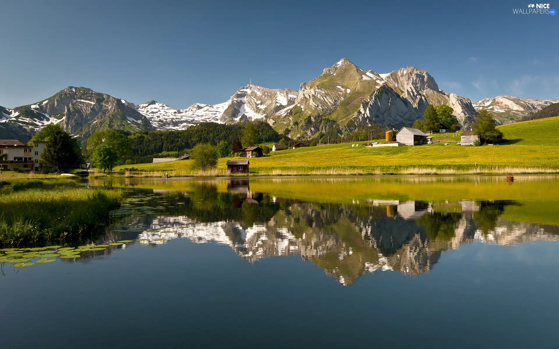 Mountains, Houses, reflection, lake