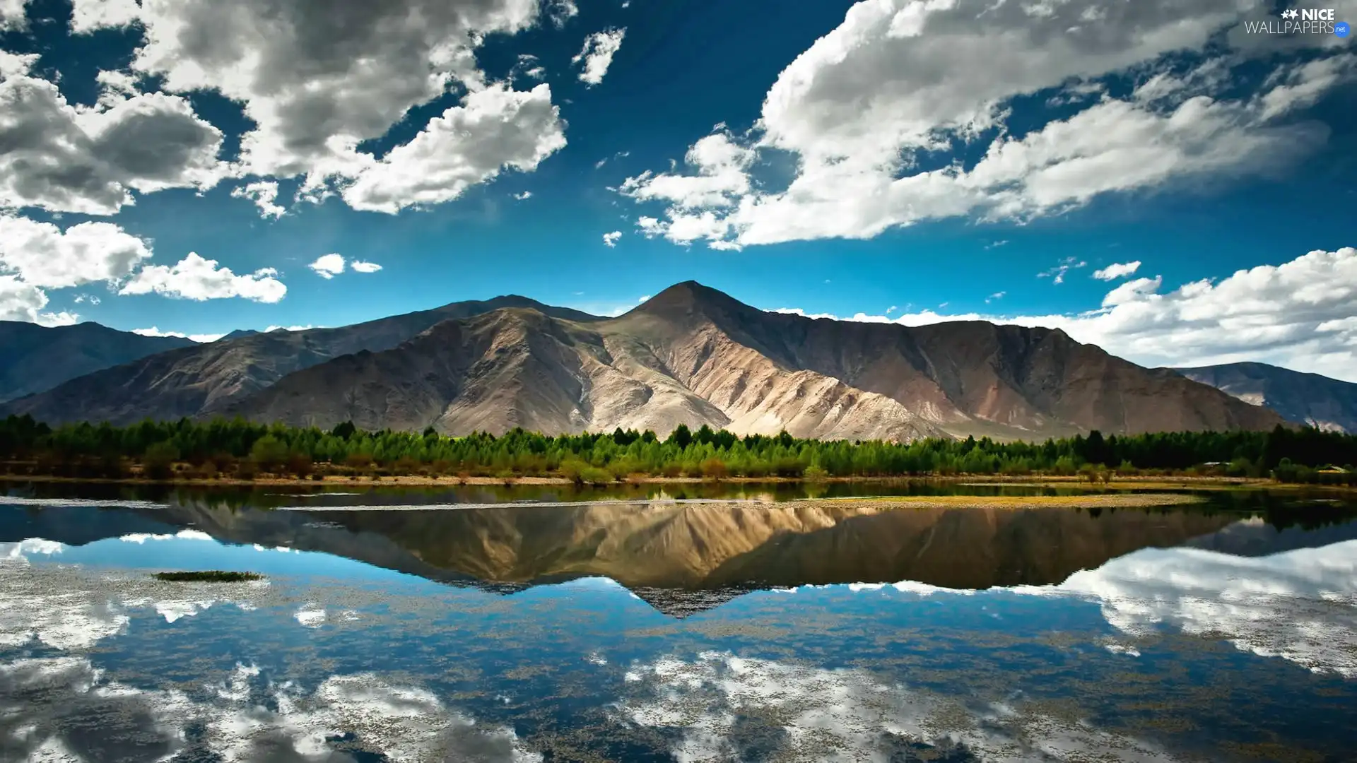 River, clouds, reflection, Mountains