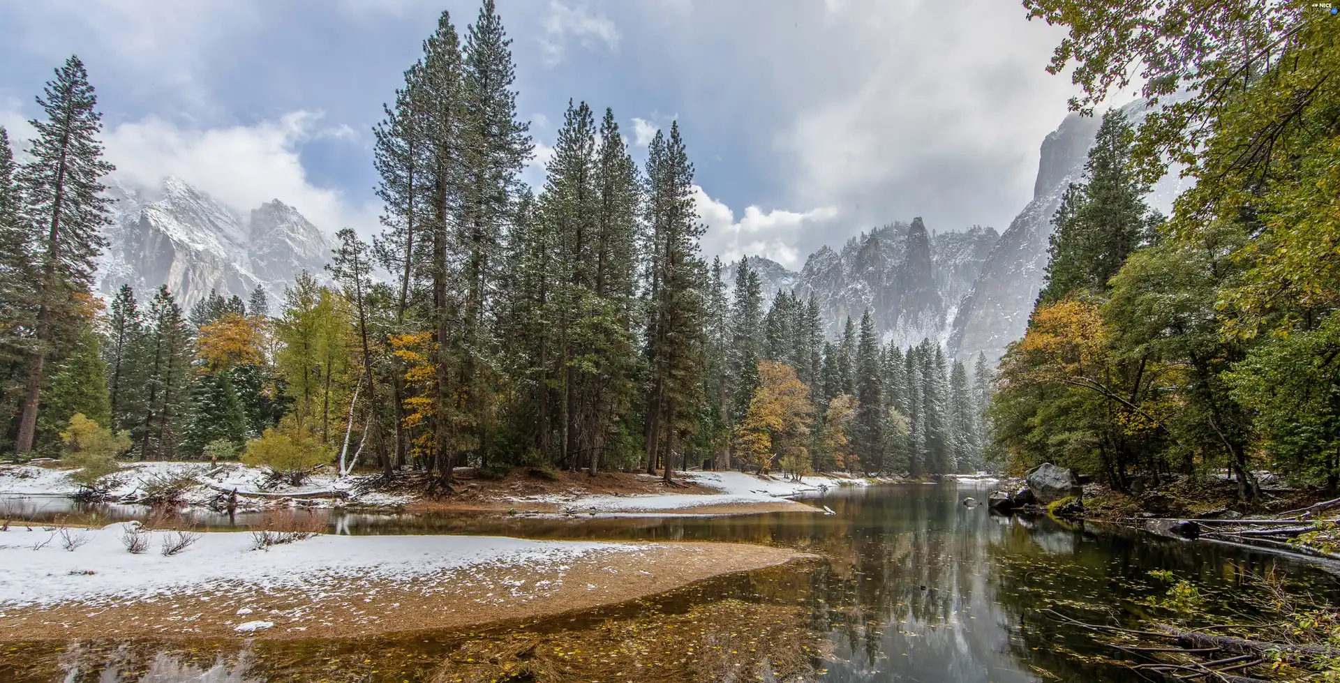 Mountains, winter, River, forest