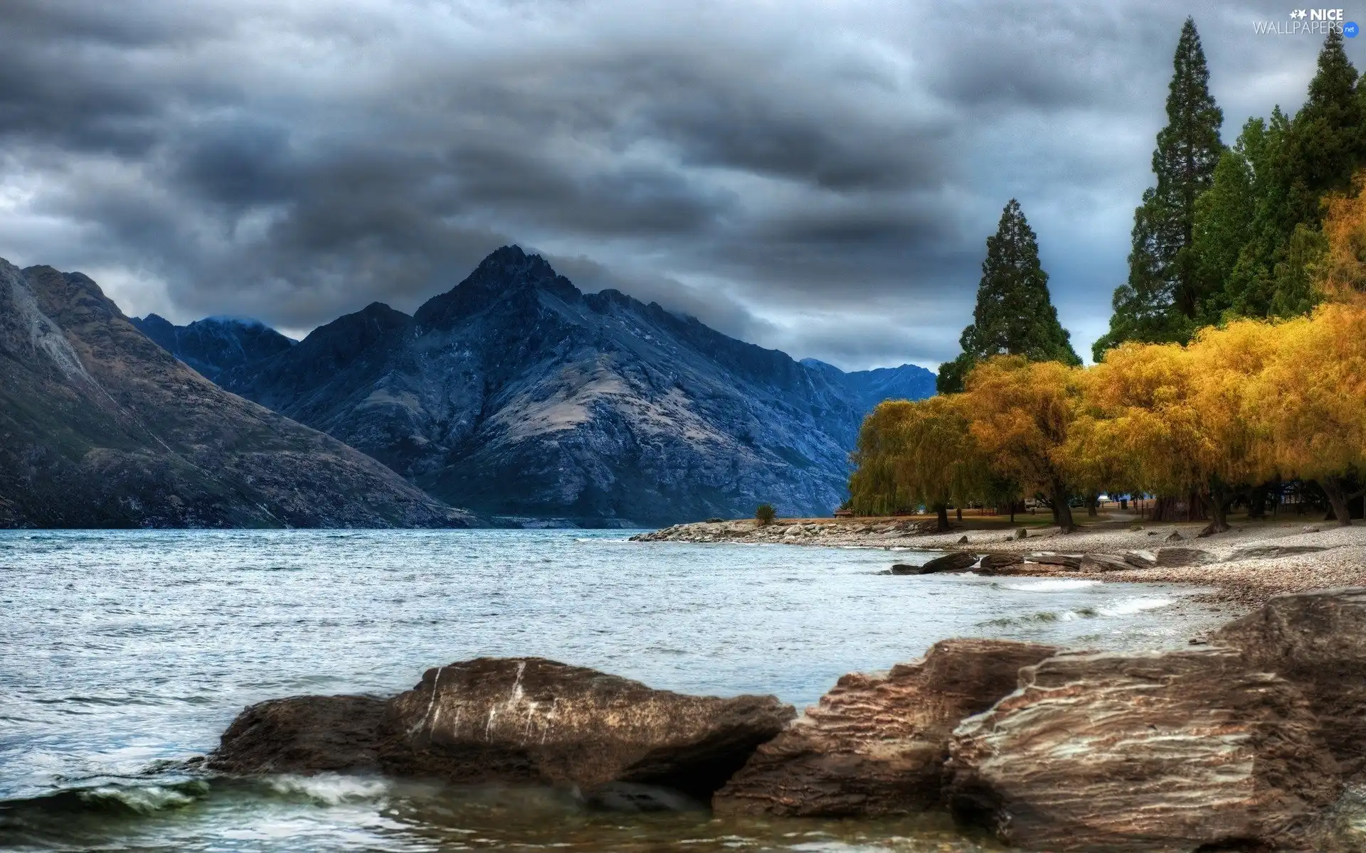 clouds, River, rocks, forest