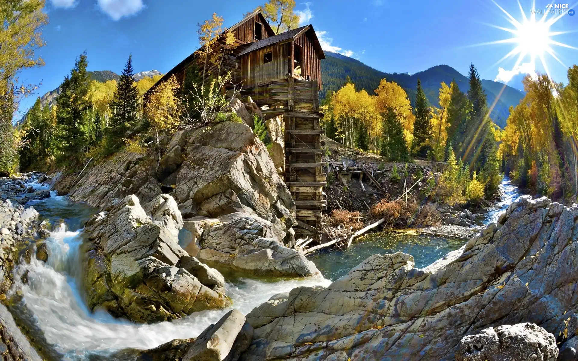 River, rocks, Home, trees, wooden, sun, rays, viewes