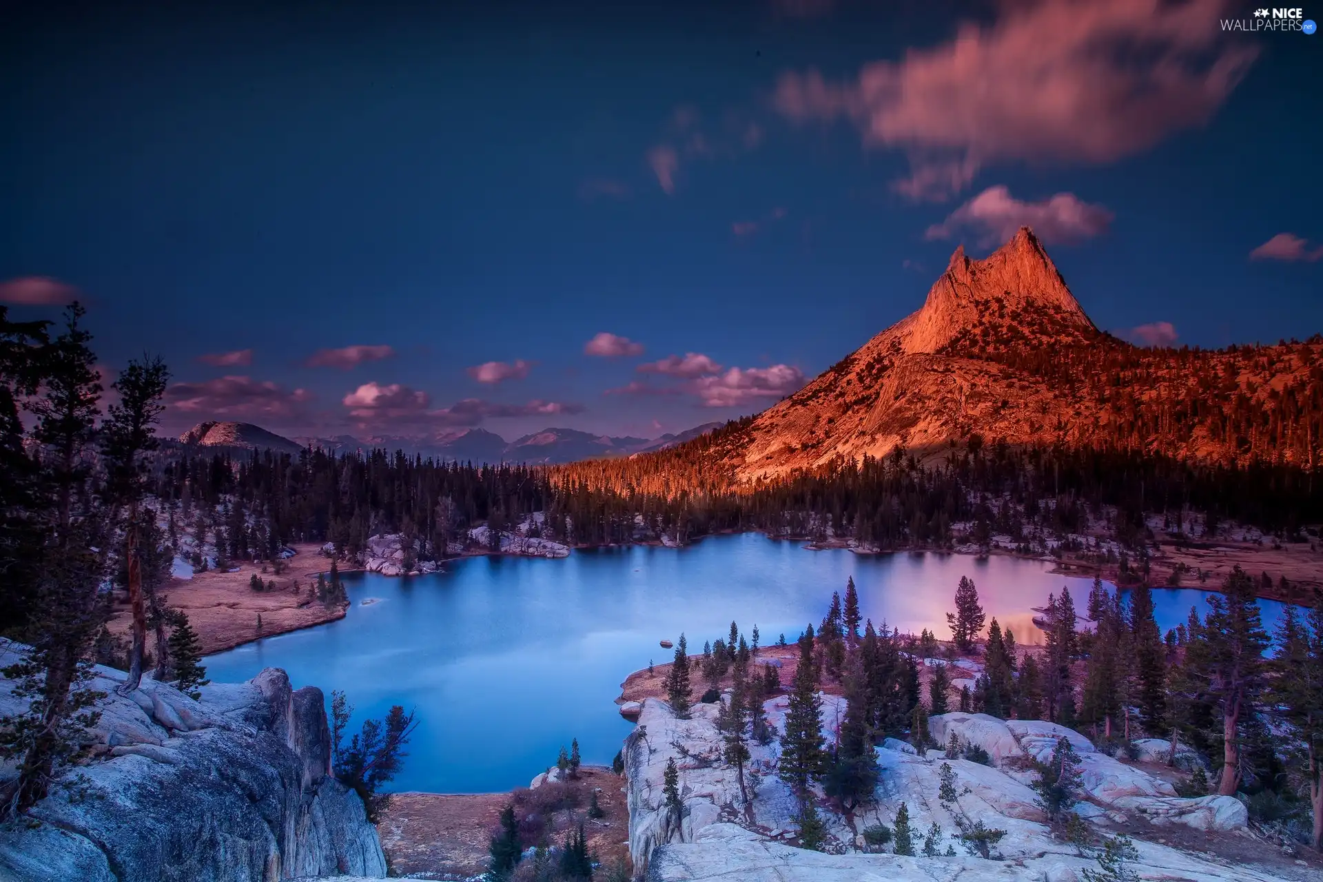 viewes, lake, east, trees, Mountains, rocks, sun