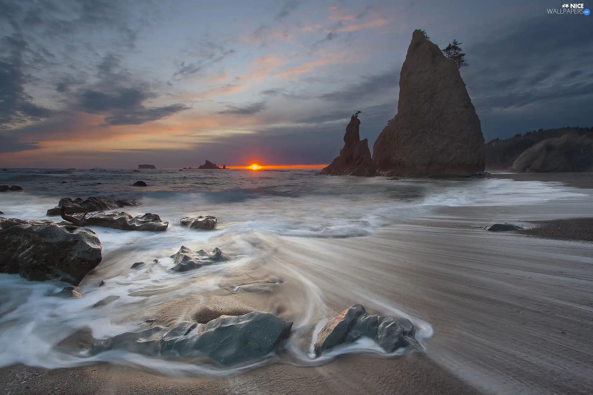 rocks, Great Sunsets, Waves, Stones, Beaches