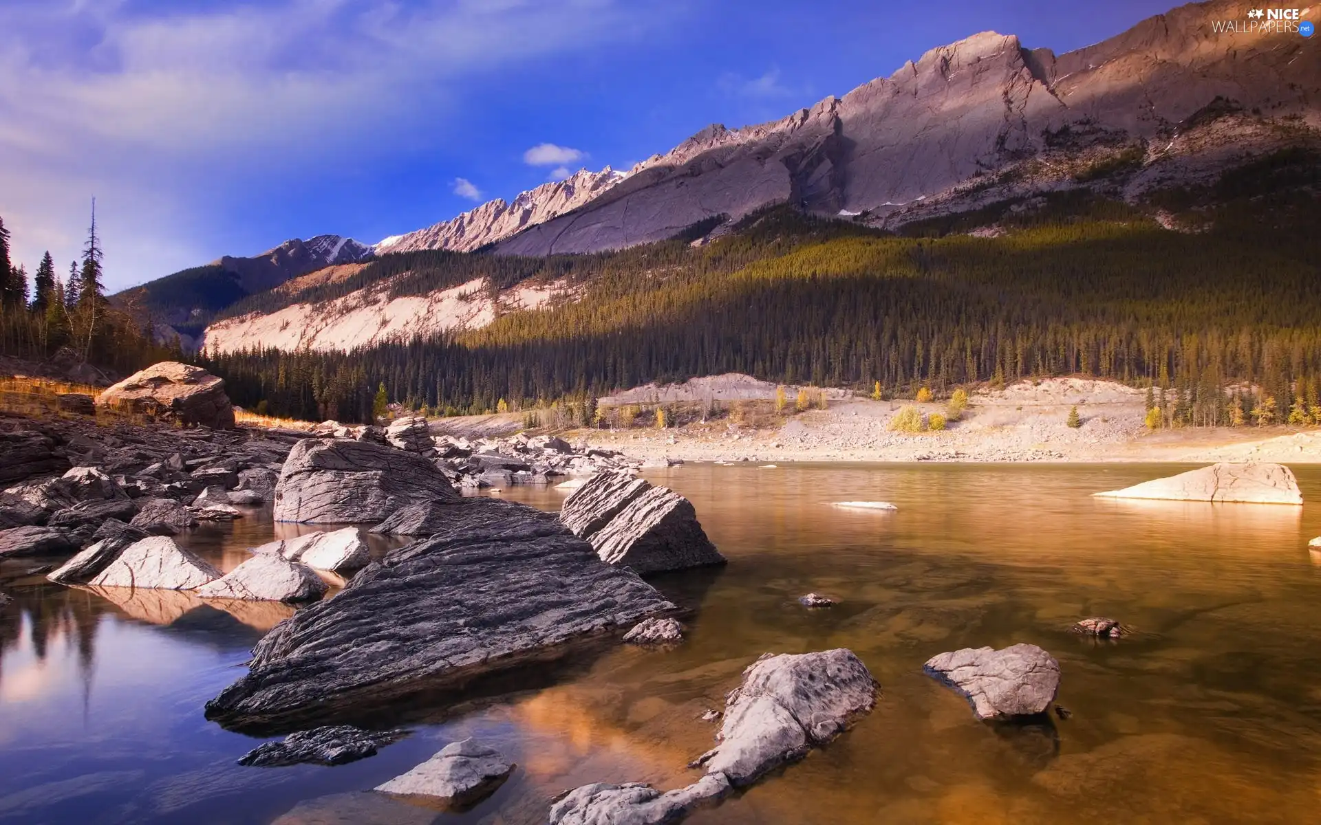 rocks, water, trees, viewes, Mountains