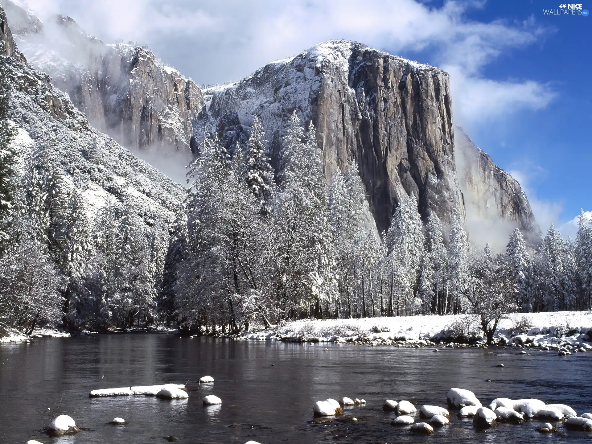 River, Winter, scenery, Mountains