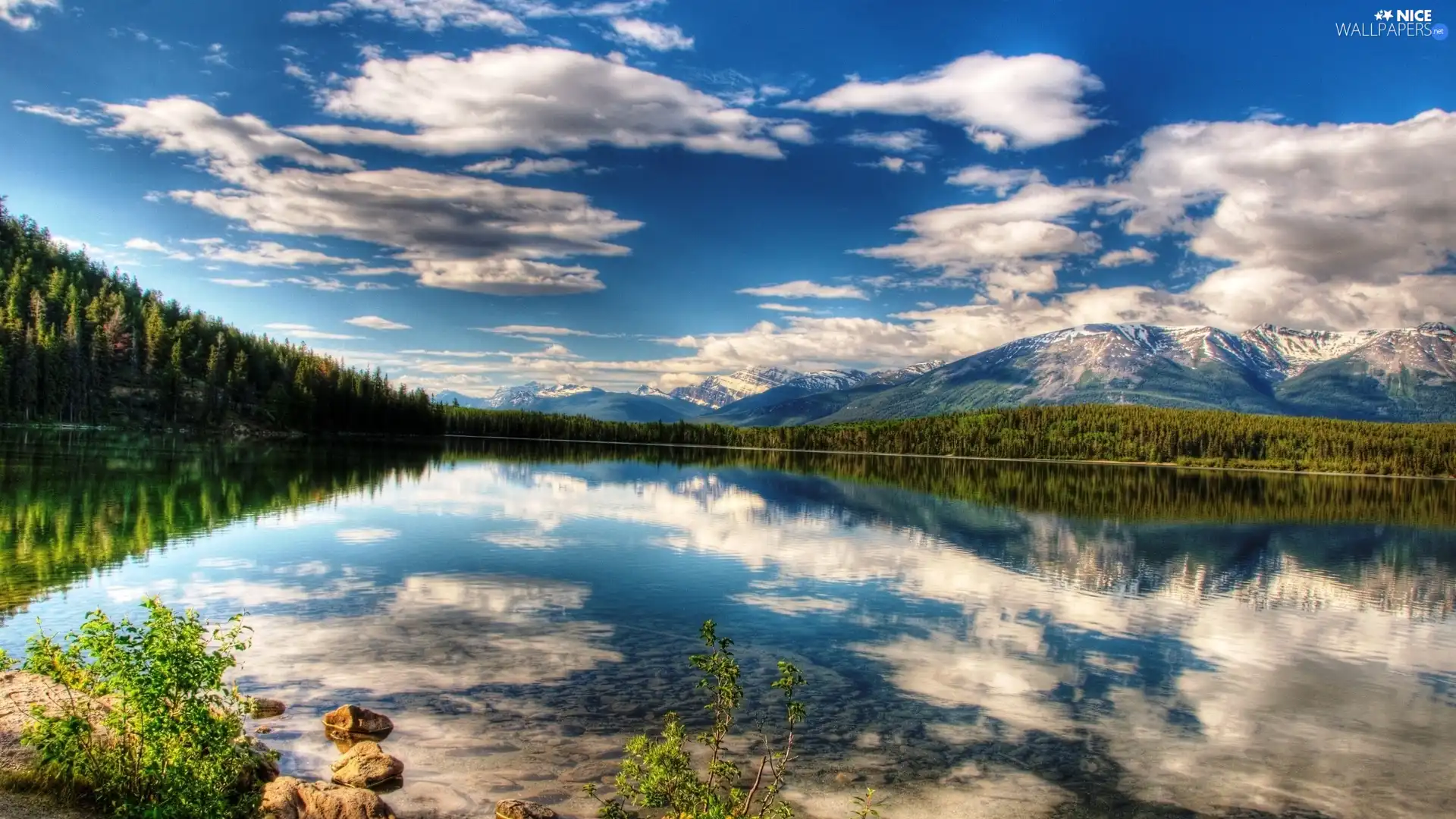 Sky, clouds, forest, Mountains, lake